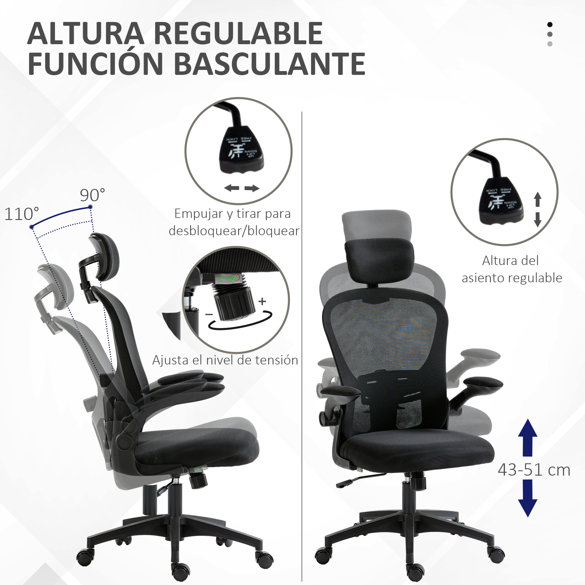 Silla de oficina negra con altura y función reclinable ajustables. Muestra ángulos y controles.
