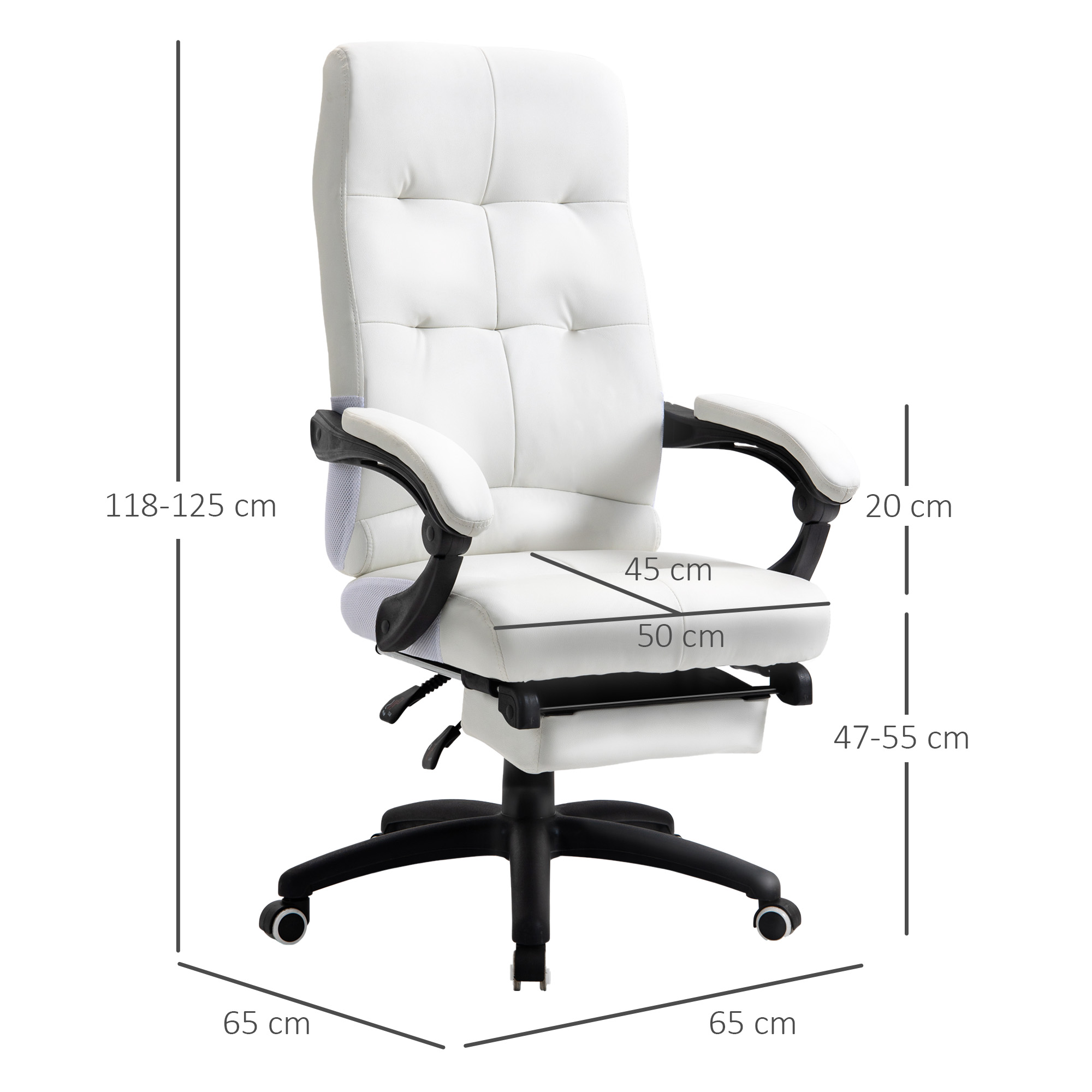 Silla de oficina blanca con detalles negros y ruedas. Se indican las dimensiones.