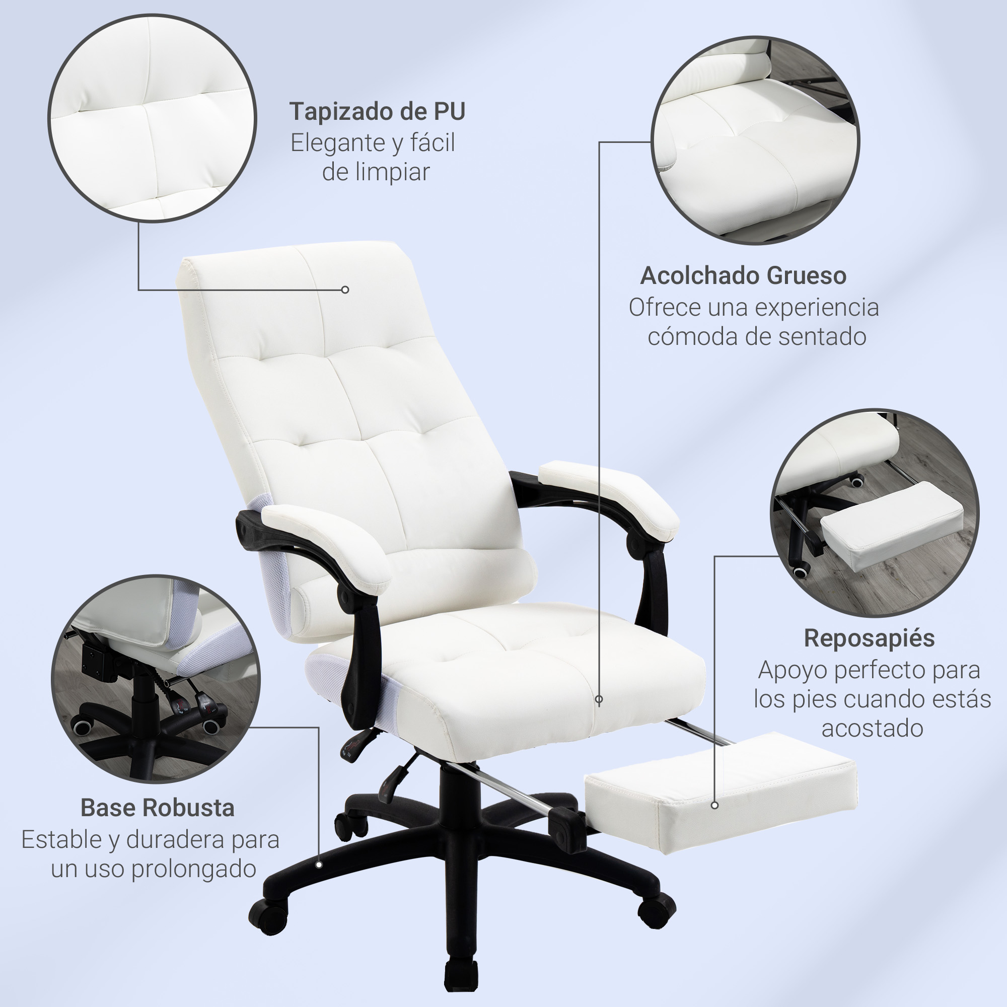 Una silla de oficina blanca con reposapiés extraíble y primeros planos.