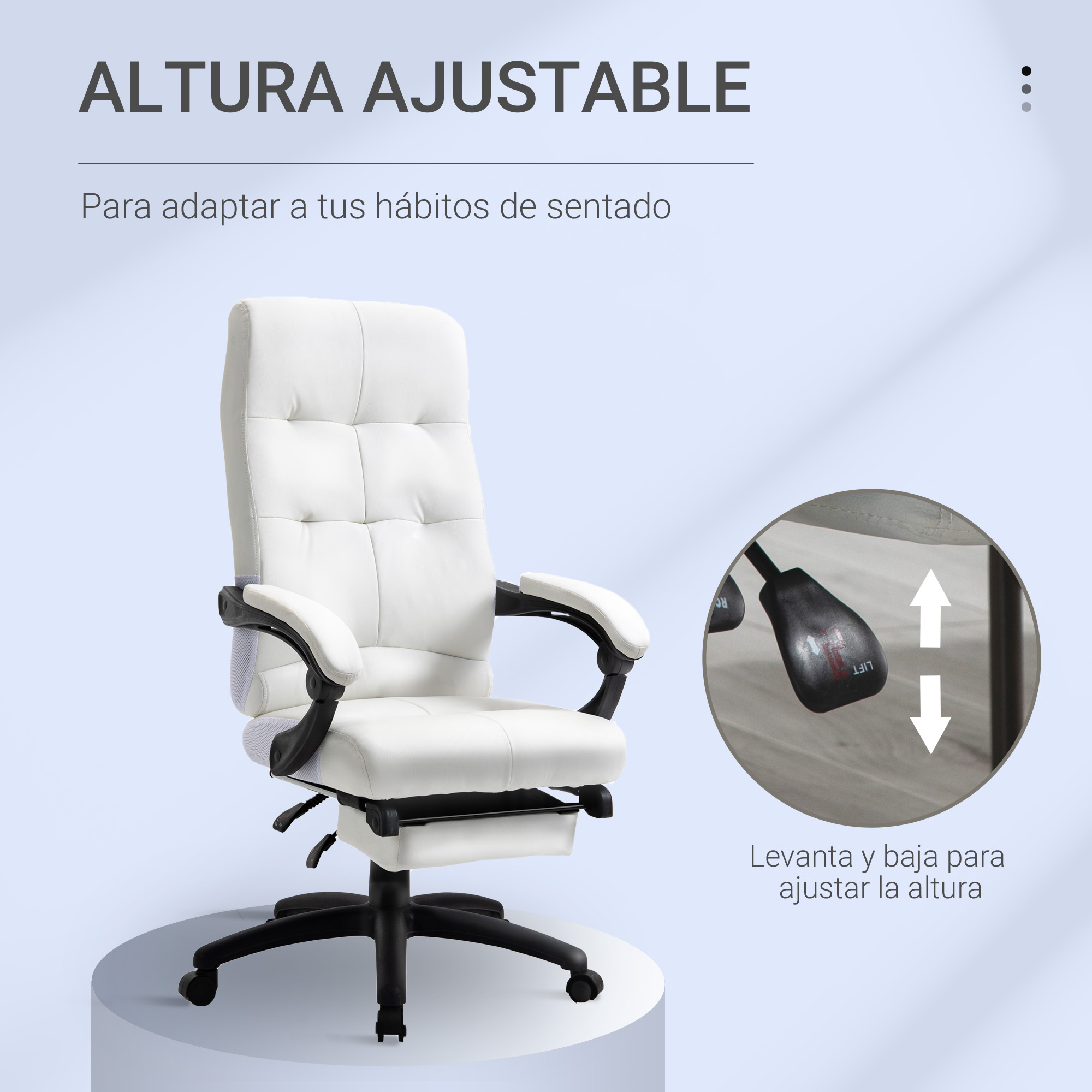 Silla de oficina blanca con altura regulable y reposapiés.