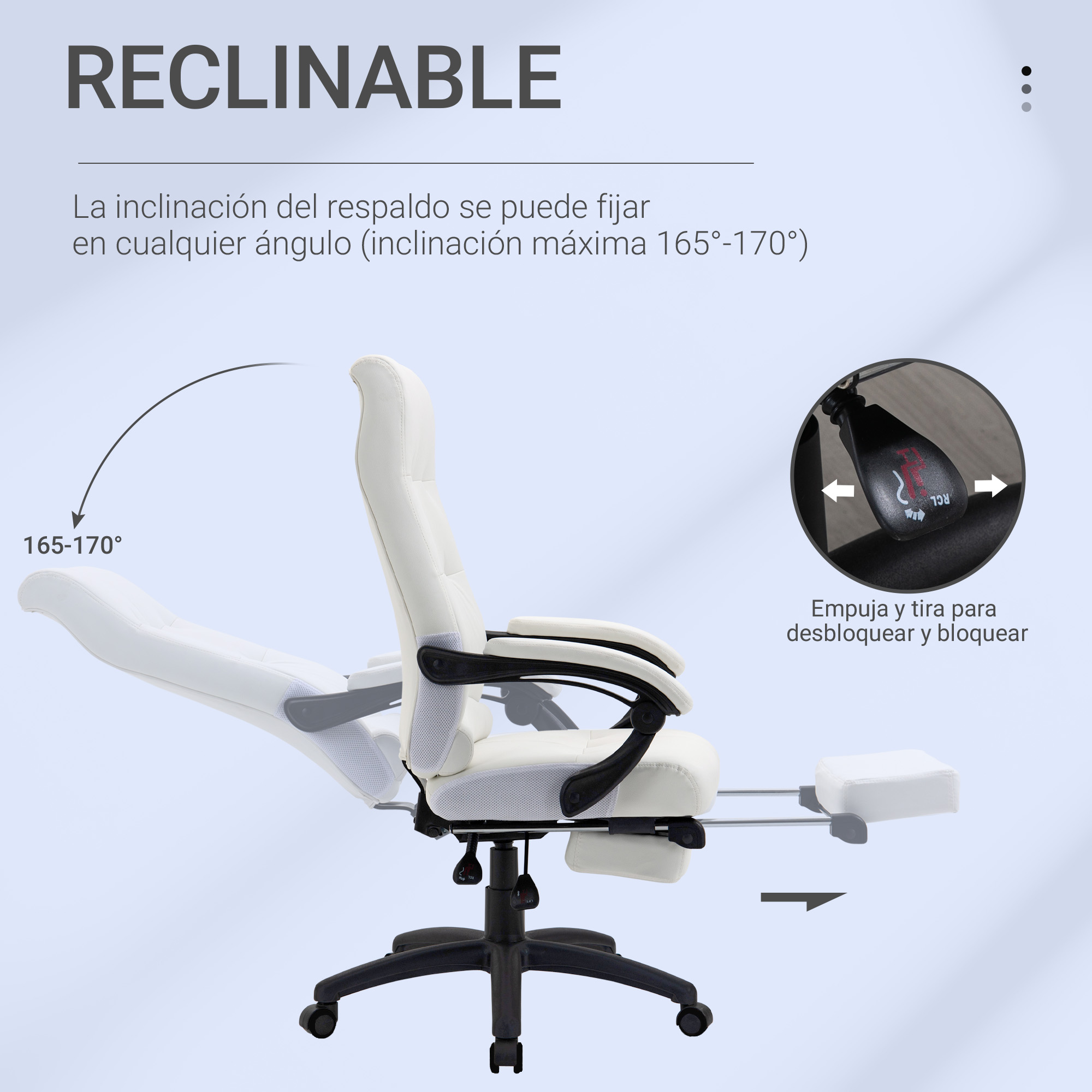 Una silla de oficina blanca con respaldo y reposapiés ajustables.