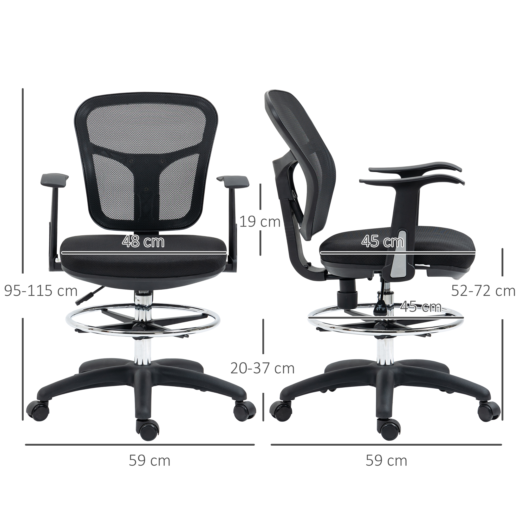Dos vistas de una silla de oficina negra con dimensiones.