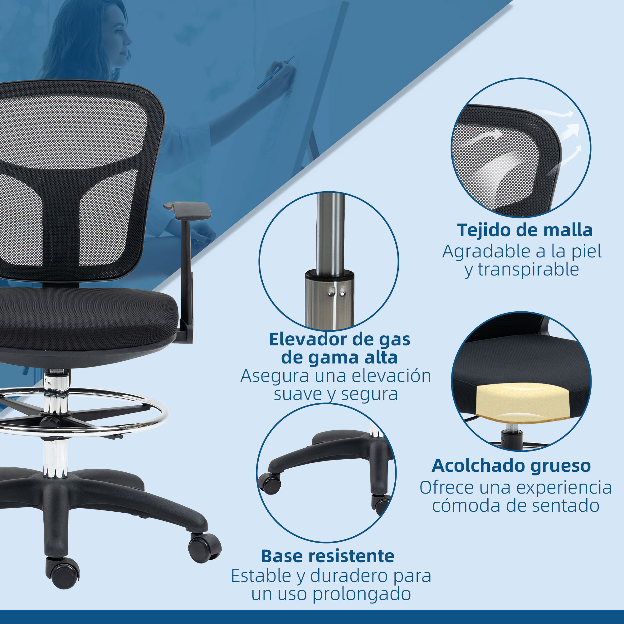 Una silla de oficina negra con respaldo de malla y asiento acolchado.