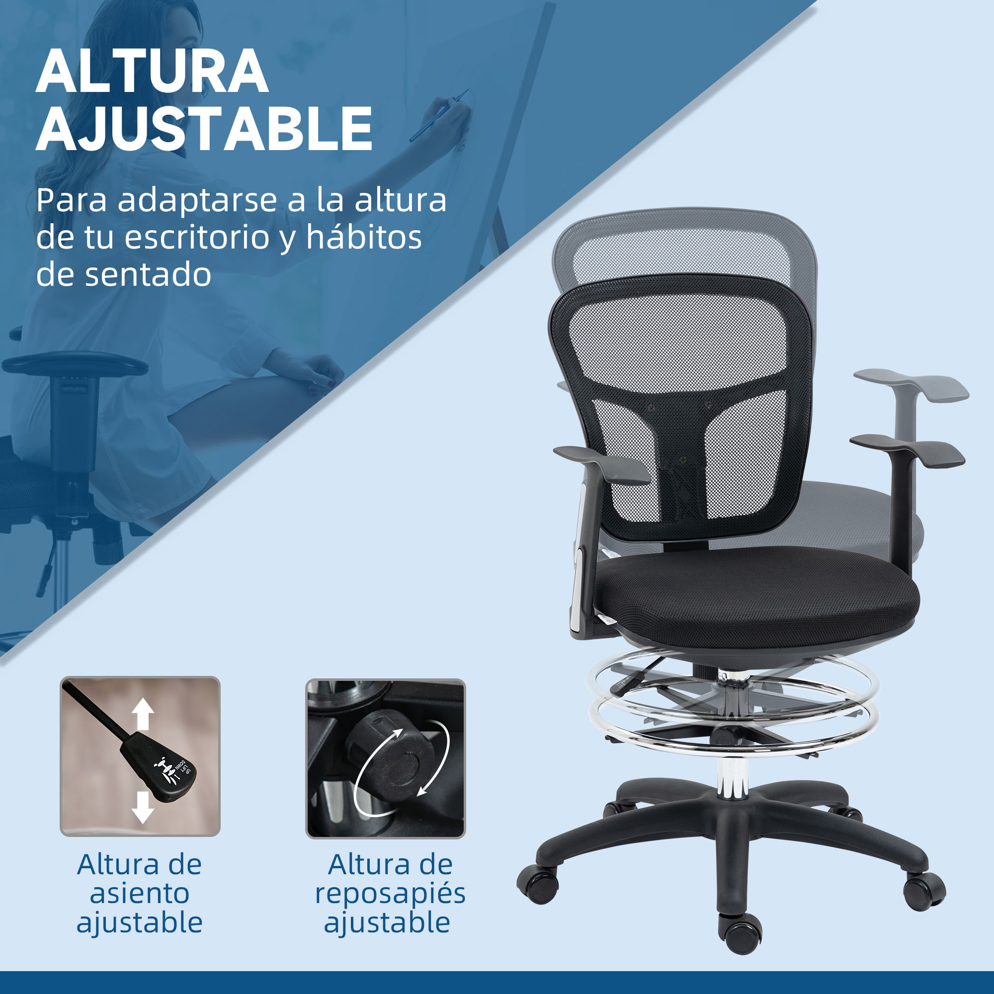 Silla de oficina negra con respaldo de malla y altura de asiento/reposapiés ajustable.