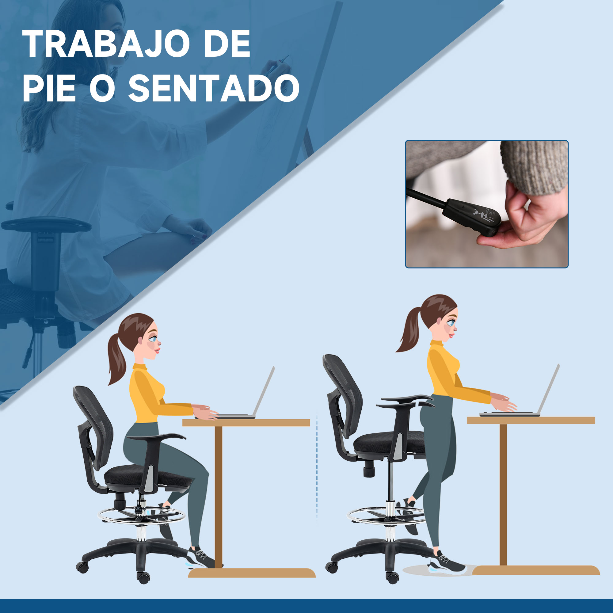 Una mujer sentada y de pie en un escritorio con laptop. Se muestra una palanca.