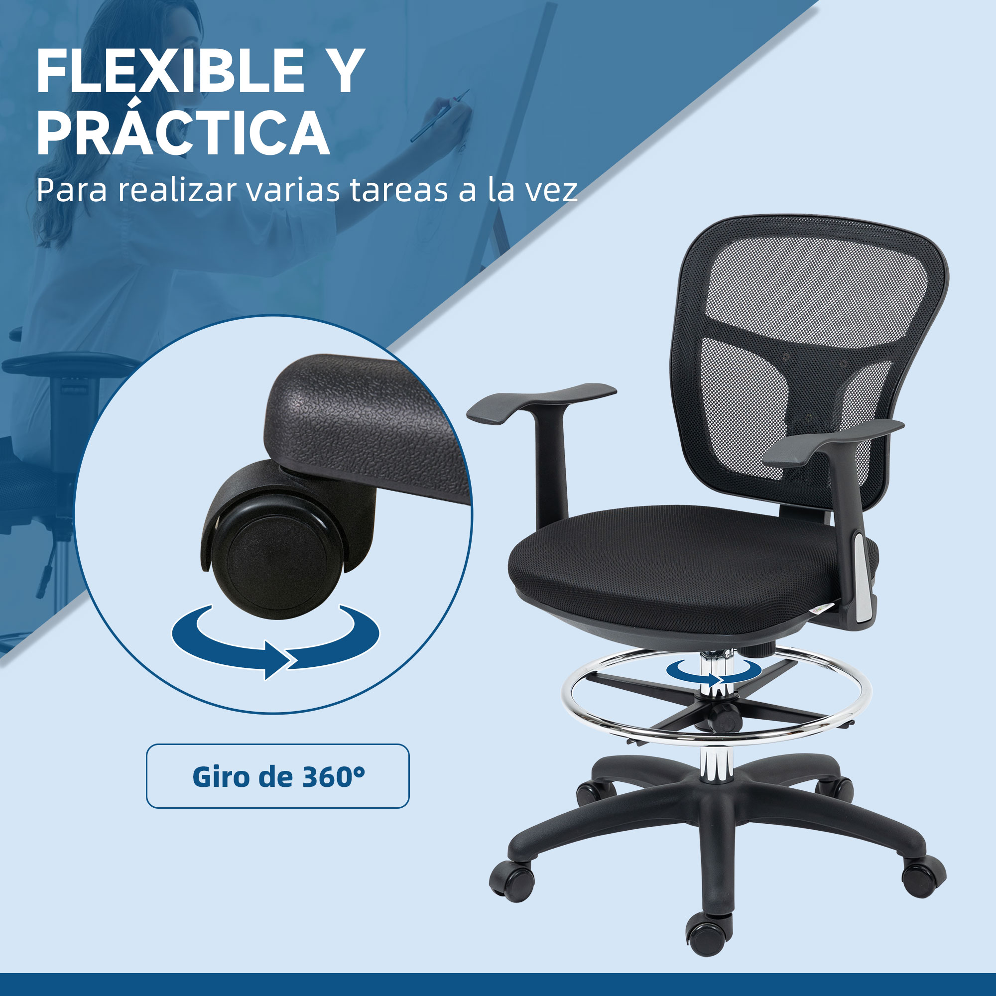 Silla de oficina negra con respaldo de malla y giro de 360 grados.