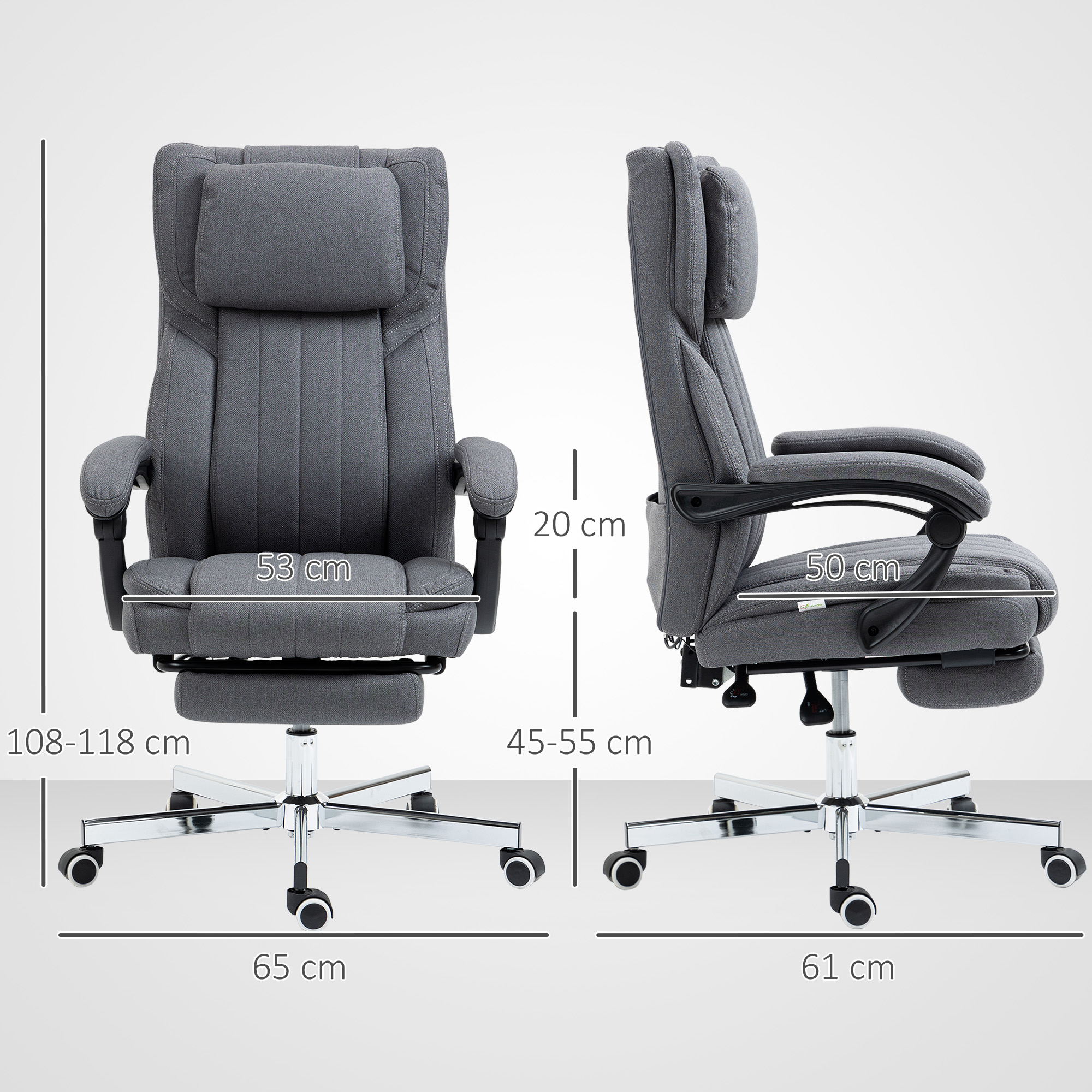 Silla de oficina gris con dimensiones: 53 cm ancho, 20 cm alto, 45-55 cm altura asiento.