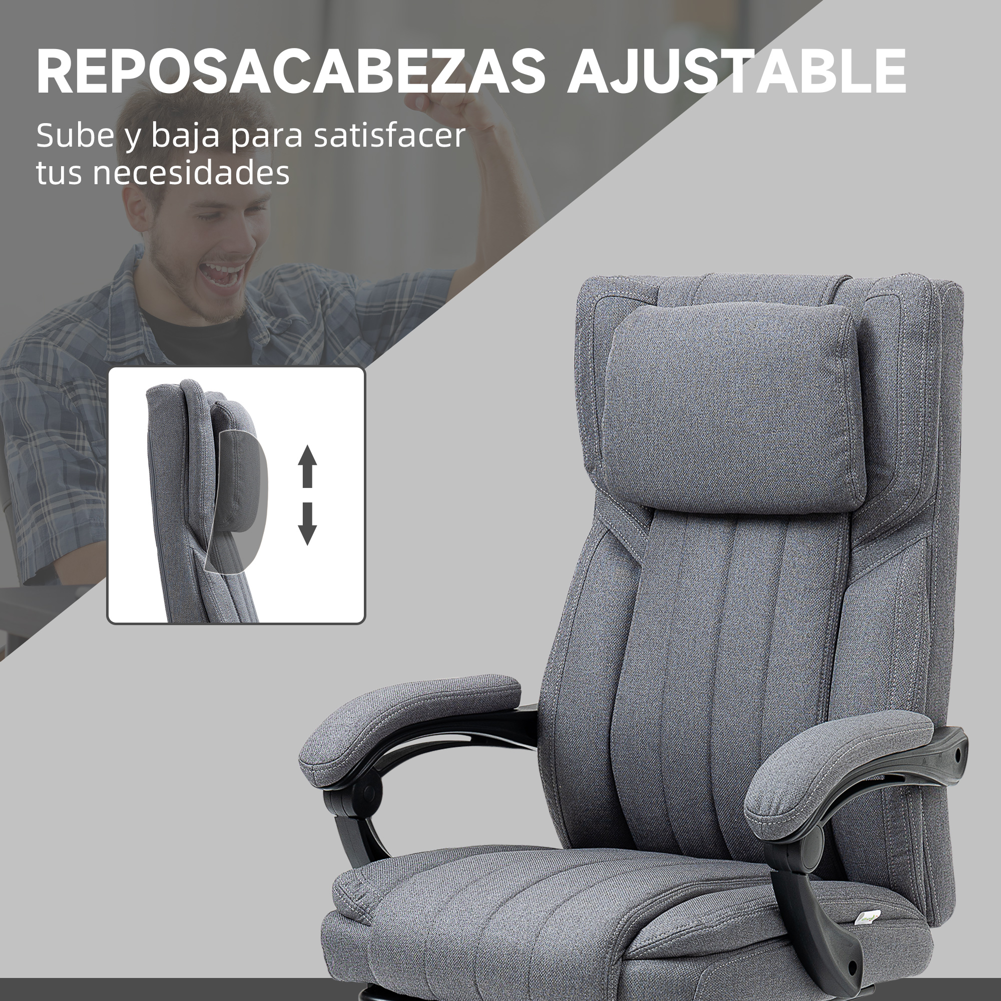 Silla de oficina gris con reposacabezas ajustable. Un hombre con camisa a cuadros al fondo.