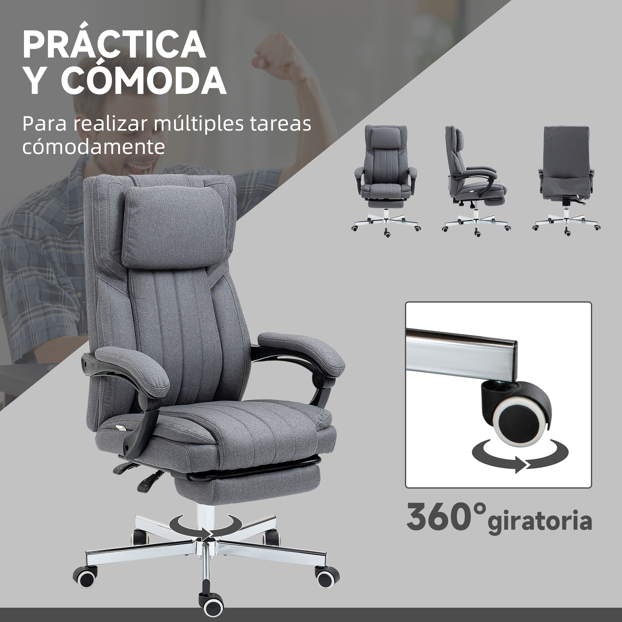 Silla de oficina gris con reposapiés y ruedas, muestra 3 vistas y función giratoria.