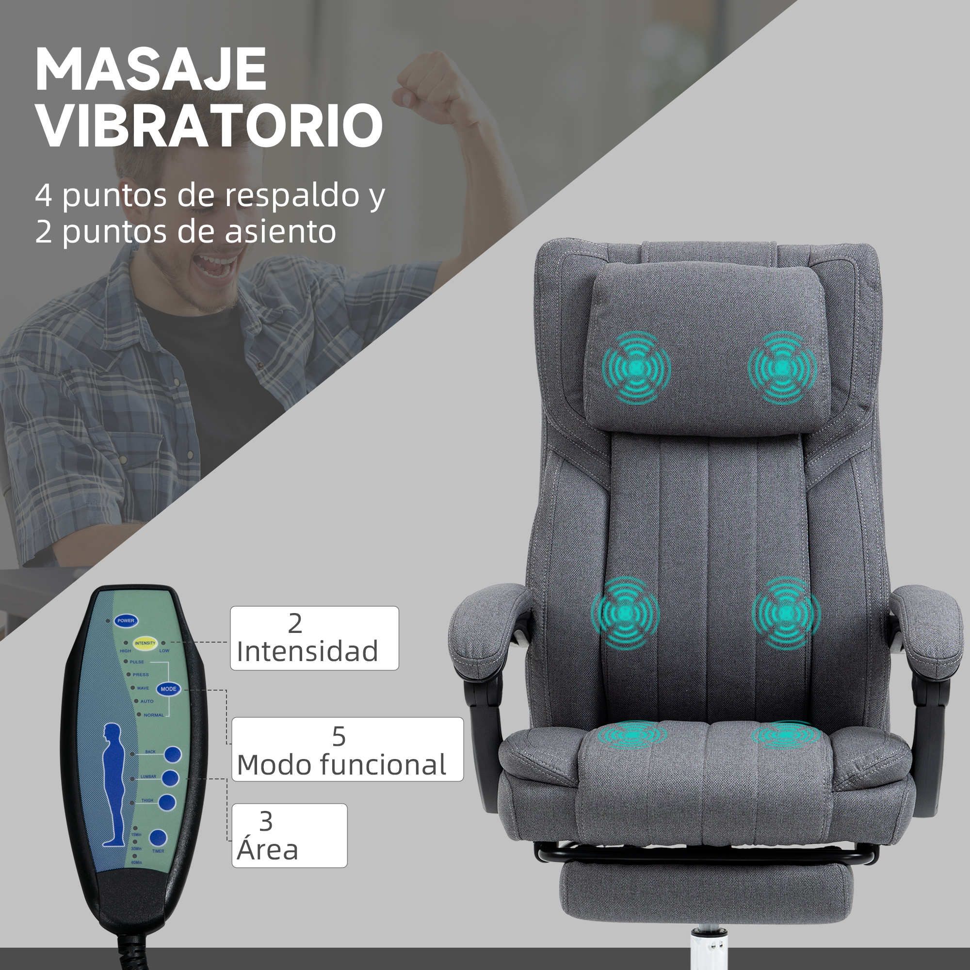 Sillón de masaje gris con control remoto mostrando intensidad, modo y área.