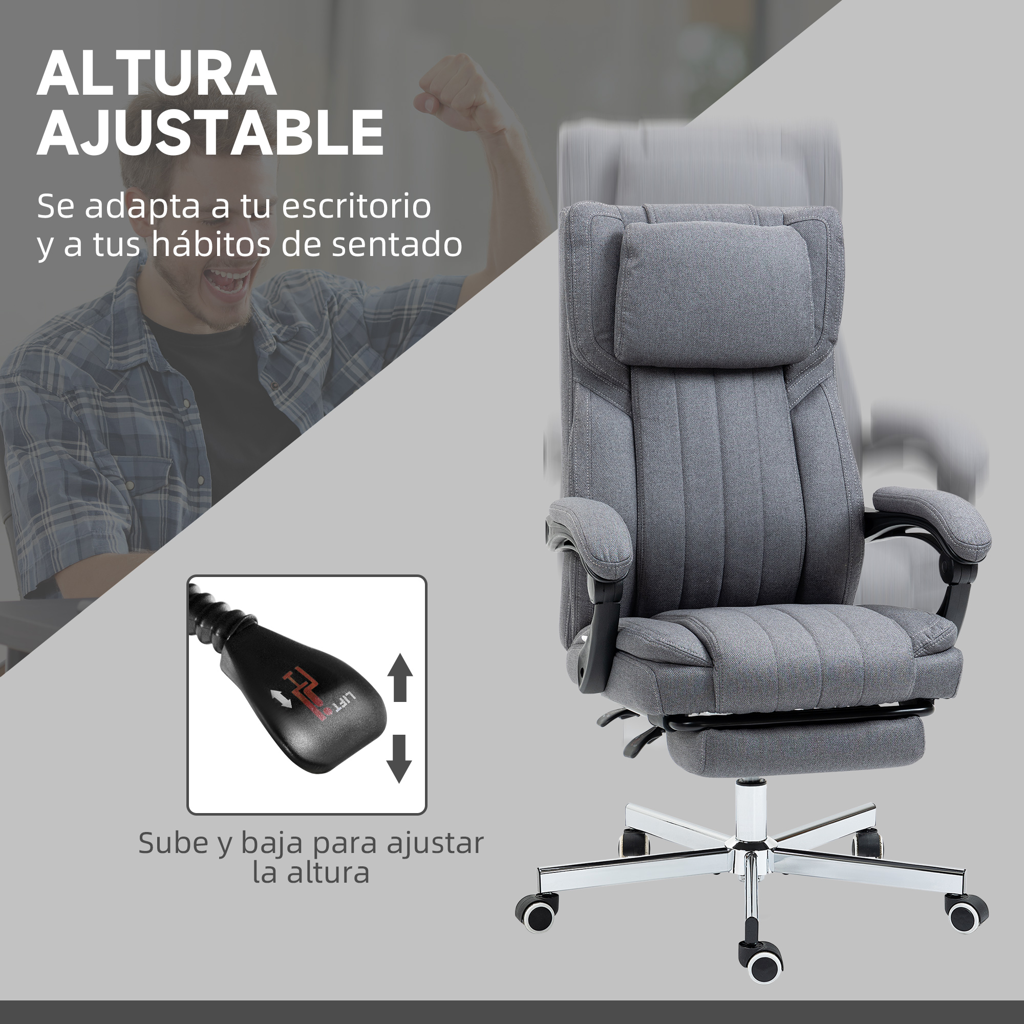 Silla de oficina gris con altura ajustable y reposapiés.