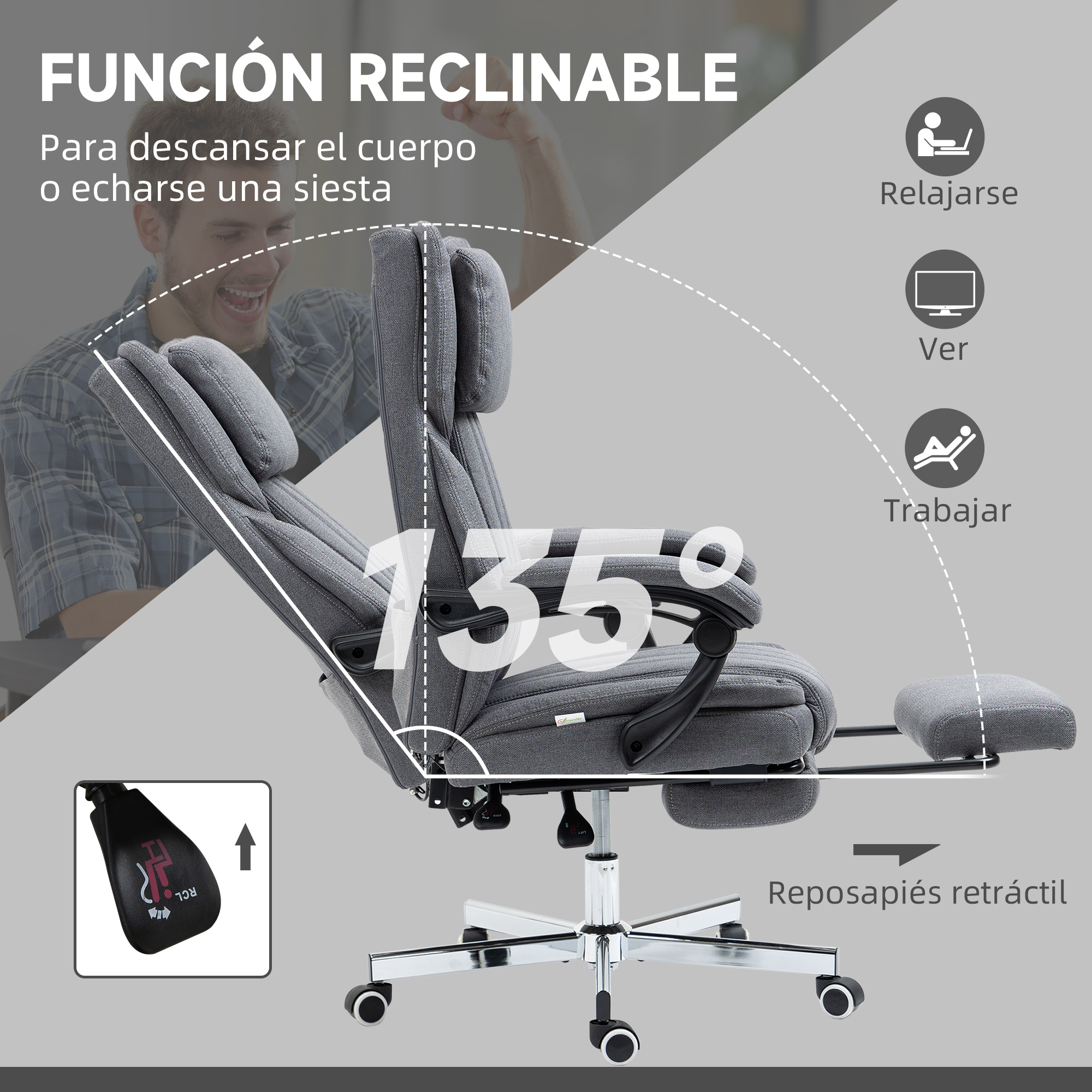 Silla de oficina gris con reclinación de 135° y reposapiés.