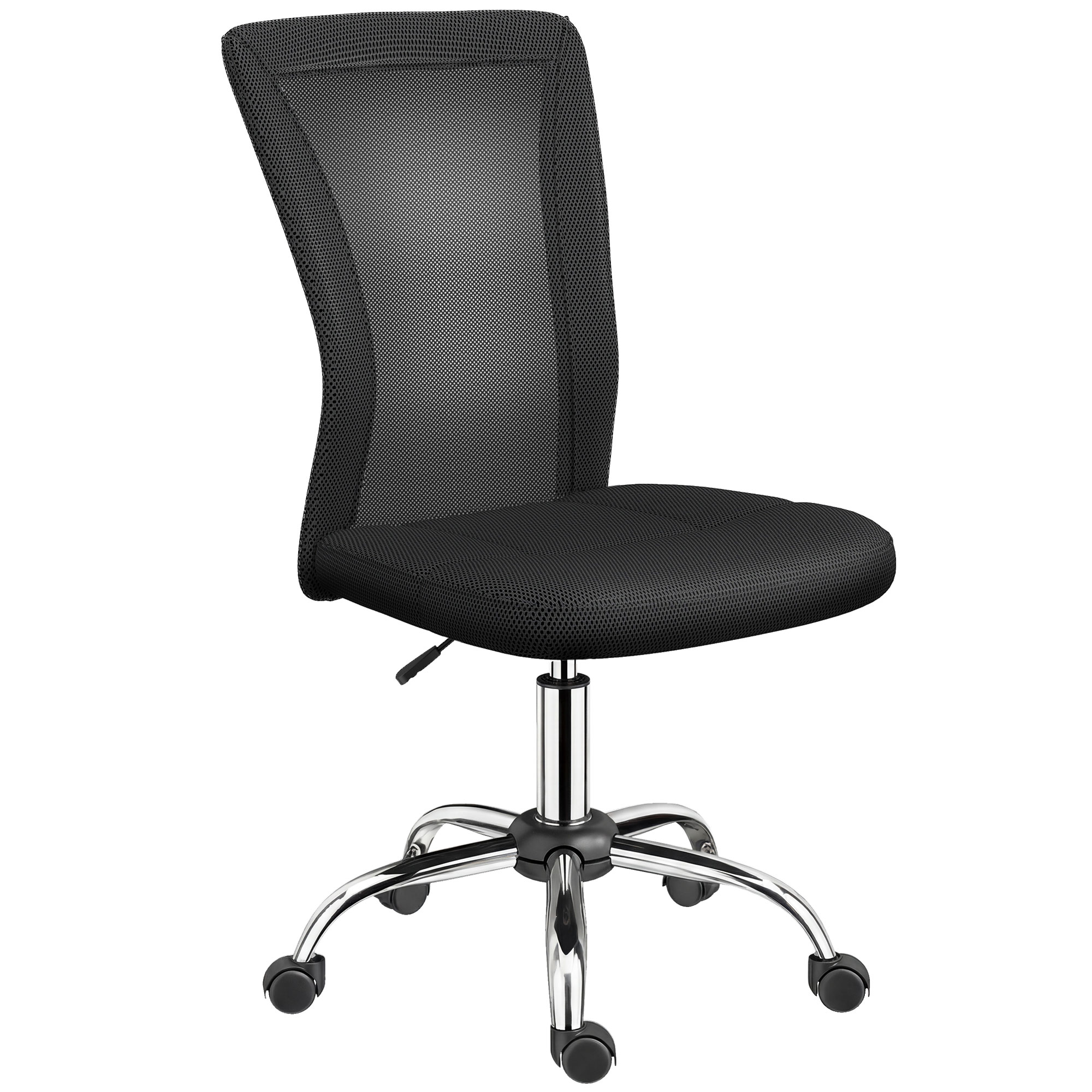 Una sedia da ufficio nera con schienale in rete e base cromata.