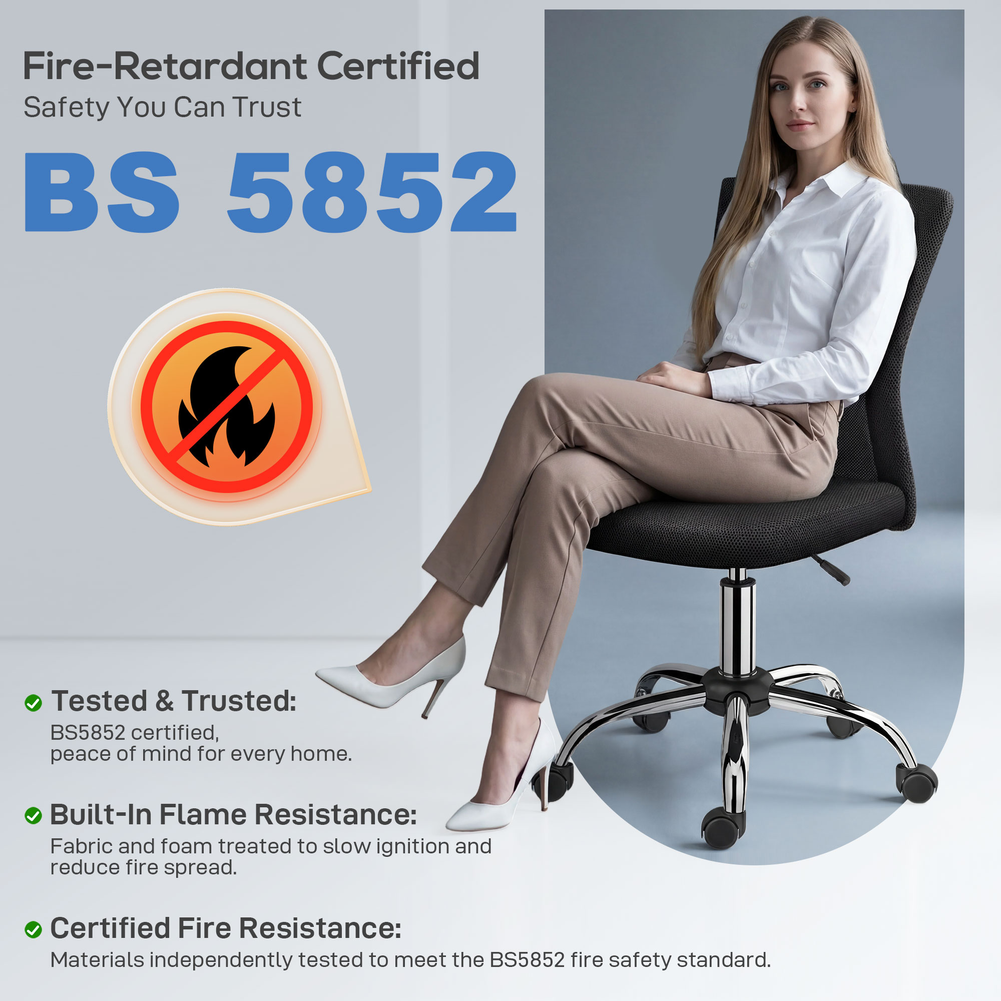 Mujer sentada en una silla de oficina certificada BS 5852.