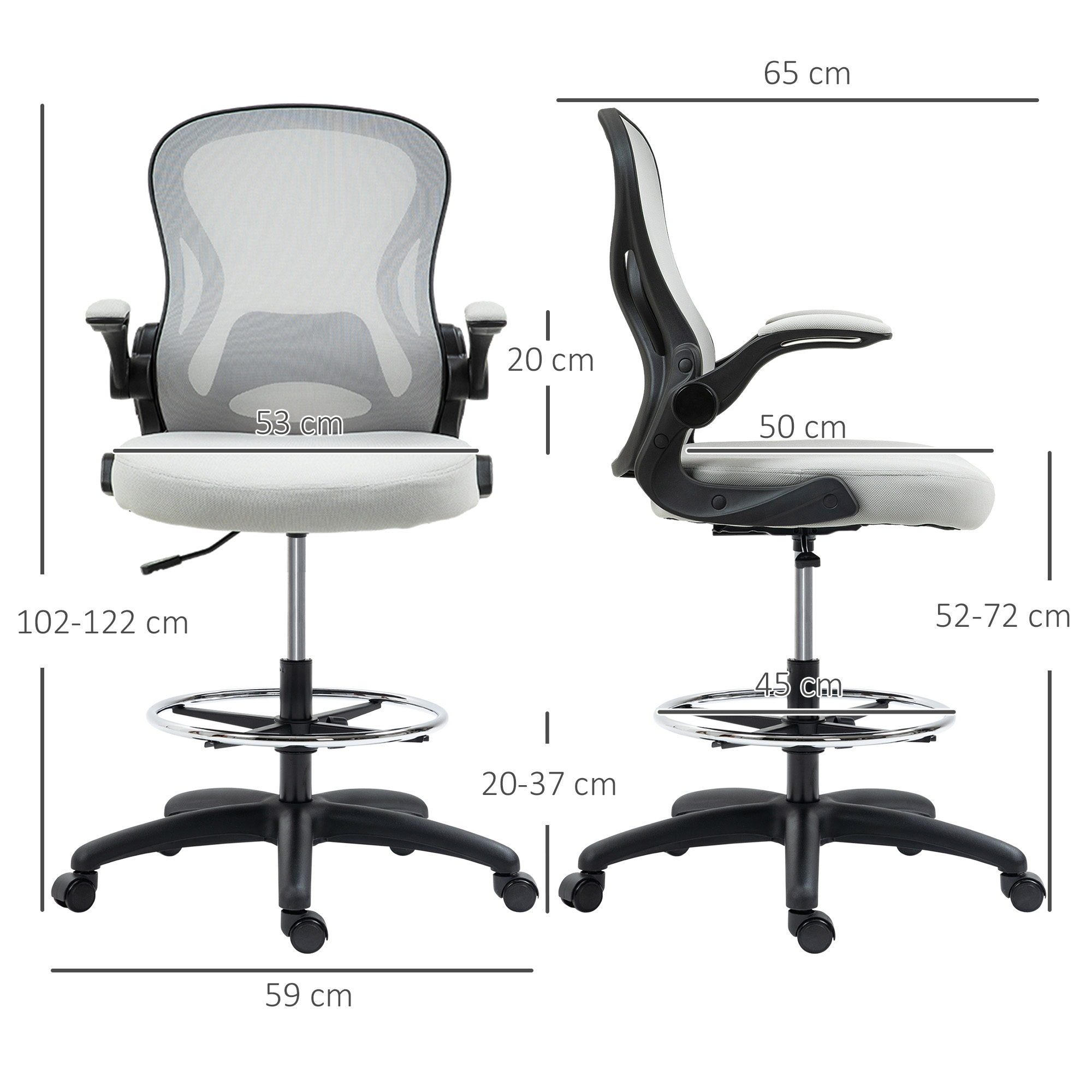 Una silla de oficina moderna con respaldo de malla y altura ajustable. Se muestran las dimensiones.