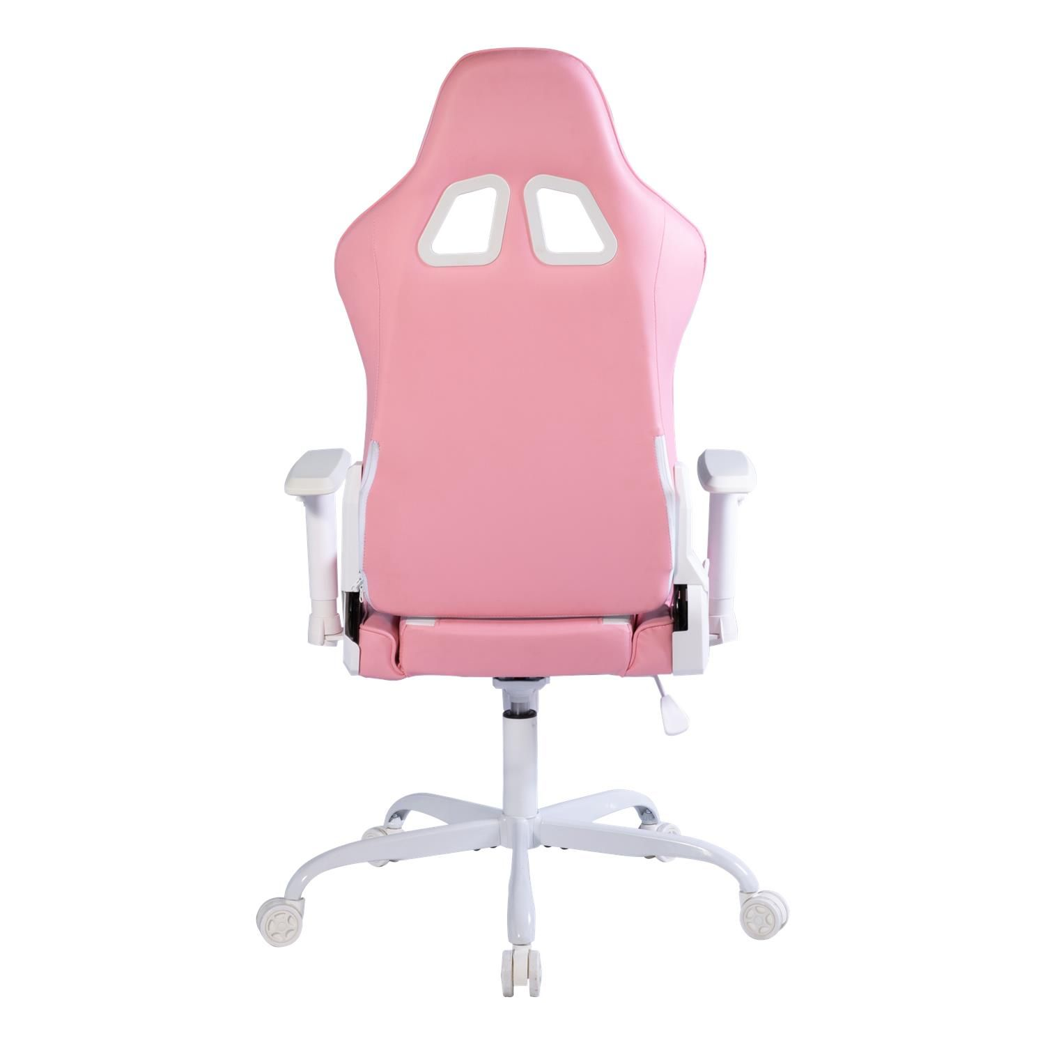 Ein pinker Gaming-Stuhl mit weißen Akzenten, von hinten gesehen.