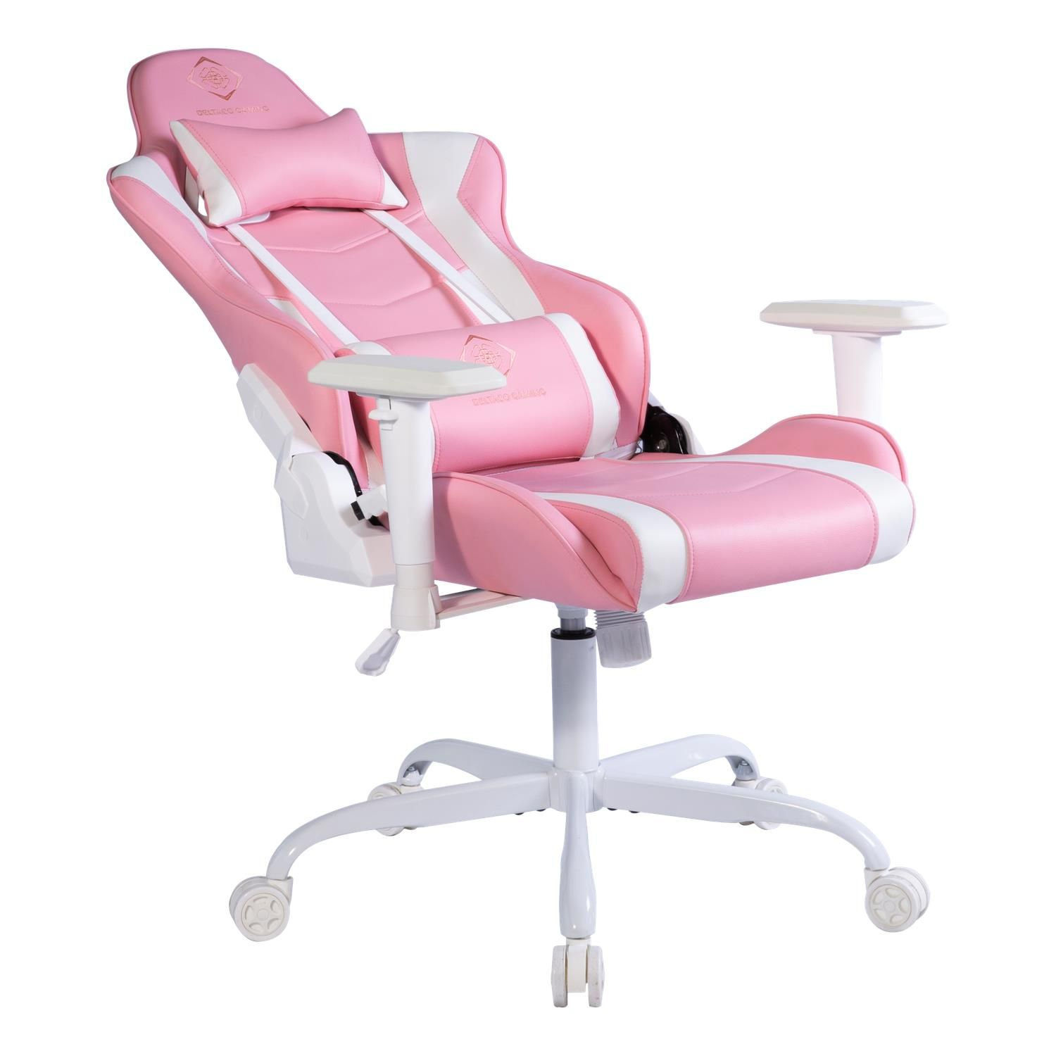 Ein rosa Gaming-Stuhl mit weißer Polsterung und einem Kopfkissen.