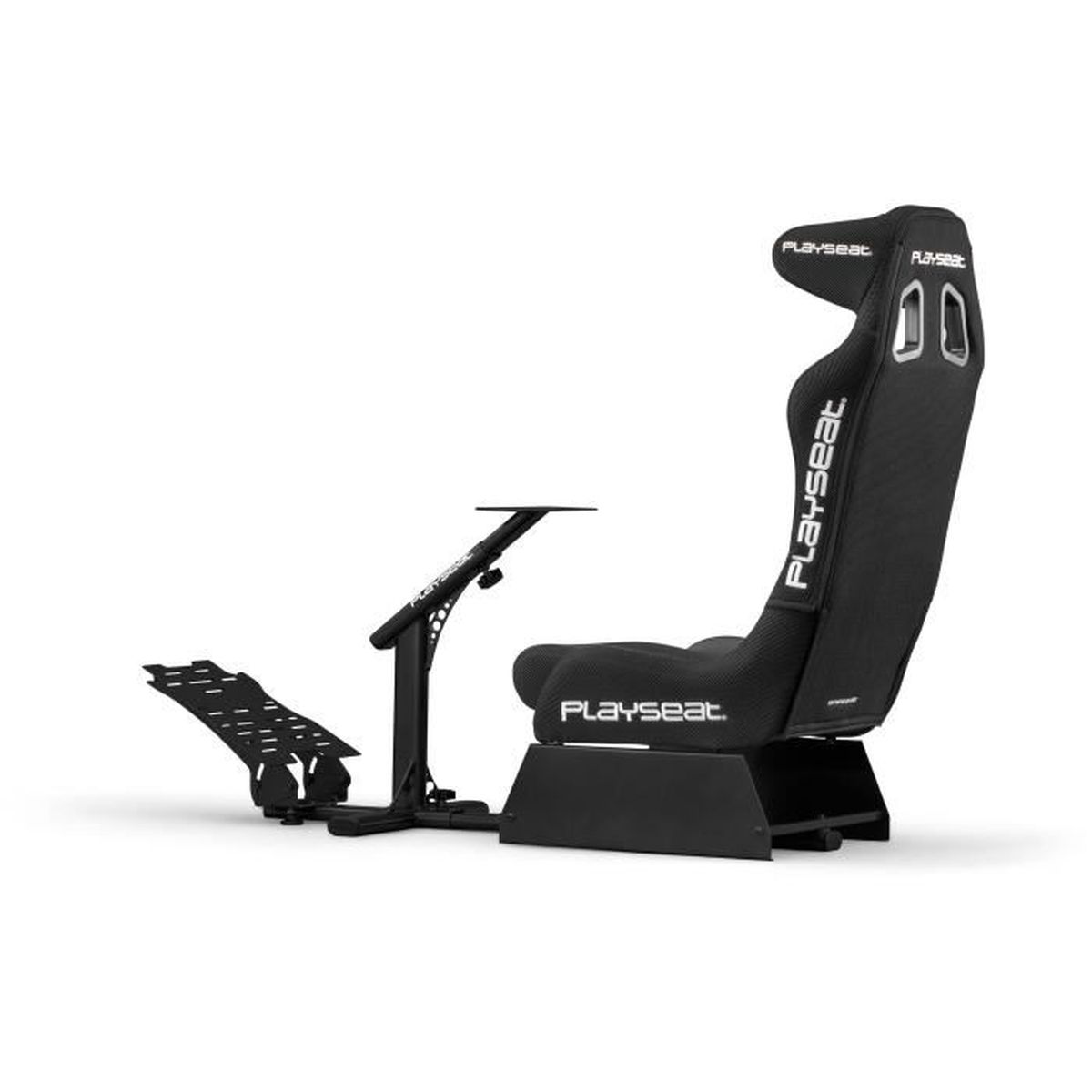 Un fauteuil gamer noir avec pédales et support volant.