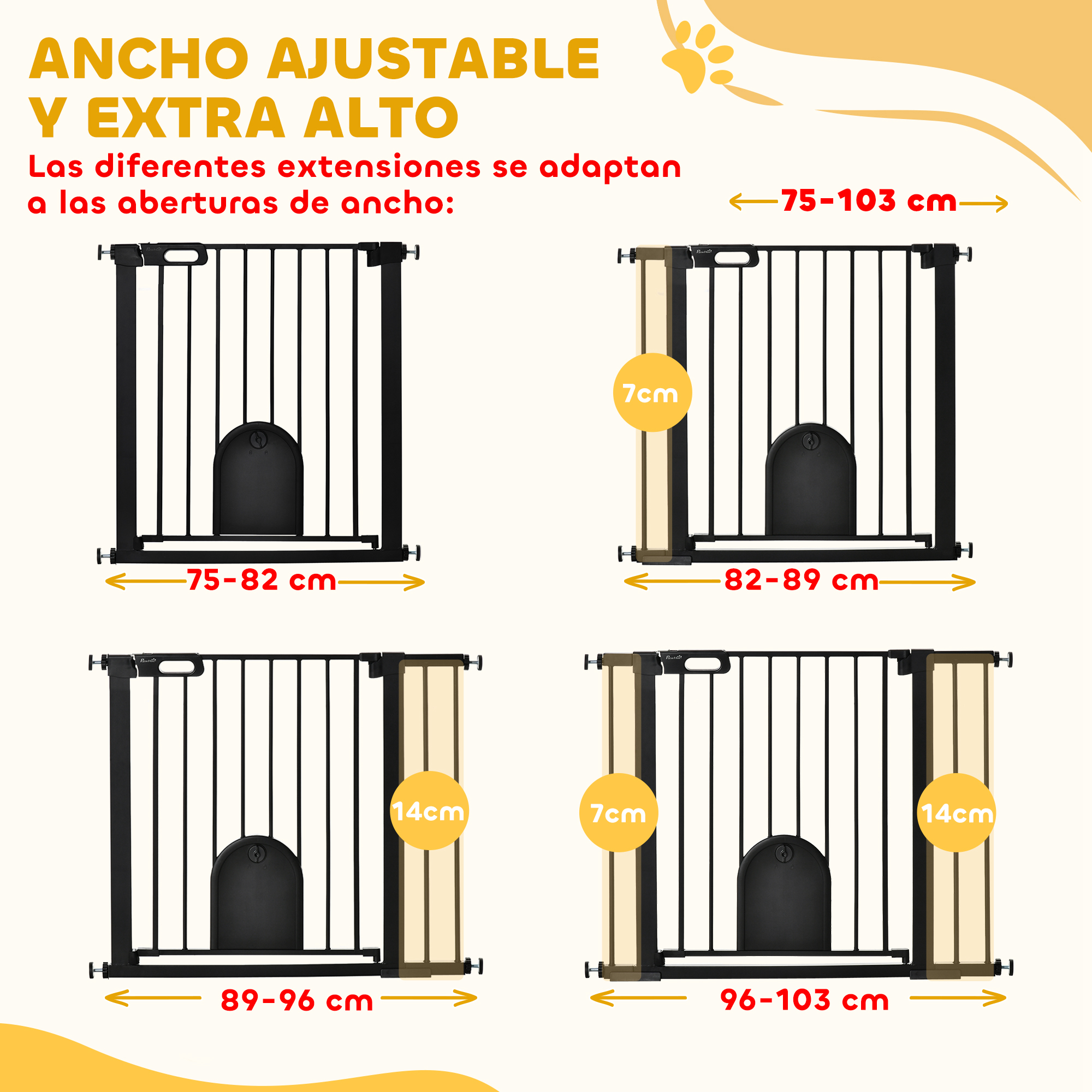 Cuatro barreras para bebés de diferentes anchos, algunas con extensiones de 7cm o 14cm.
