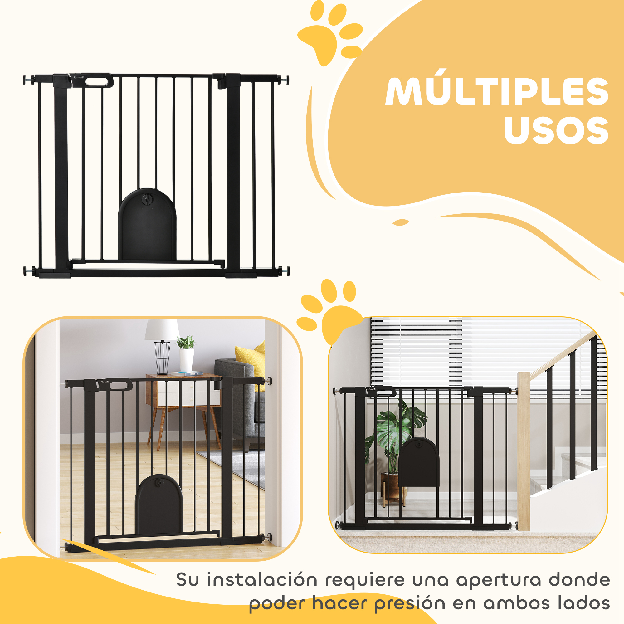 Barrera negra para mascotas con puerta pequeña en varios entornos.