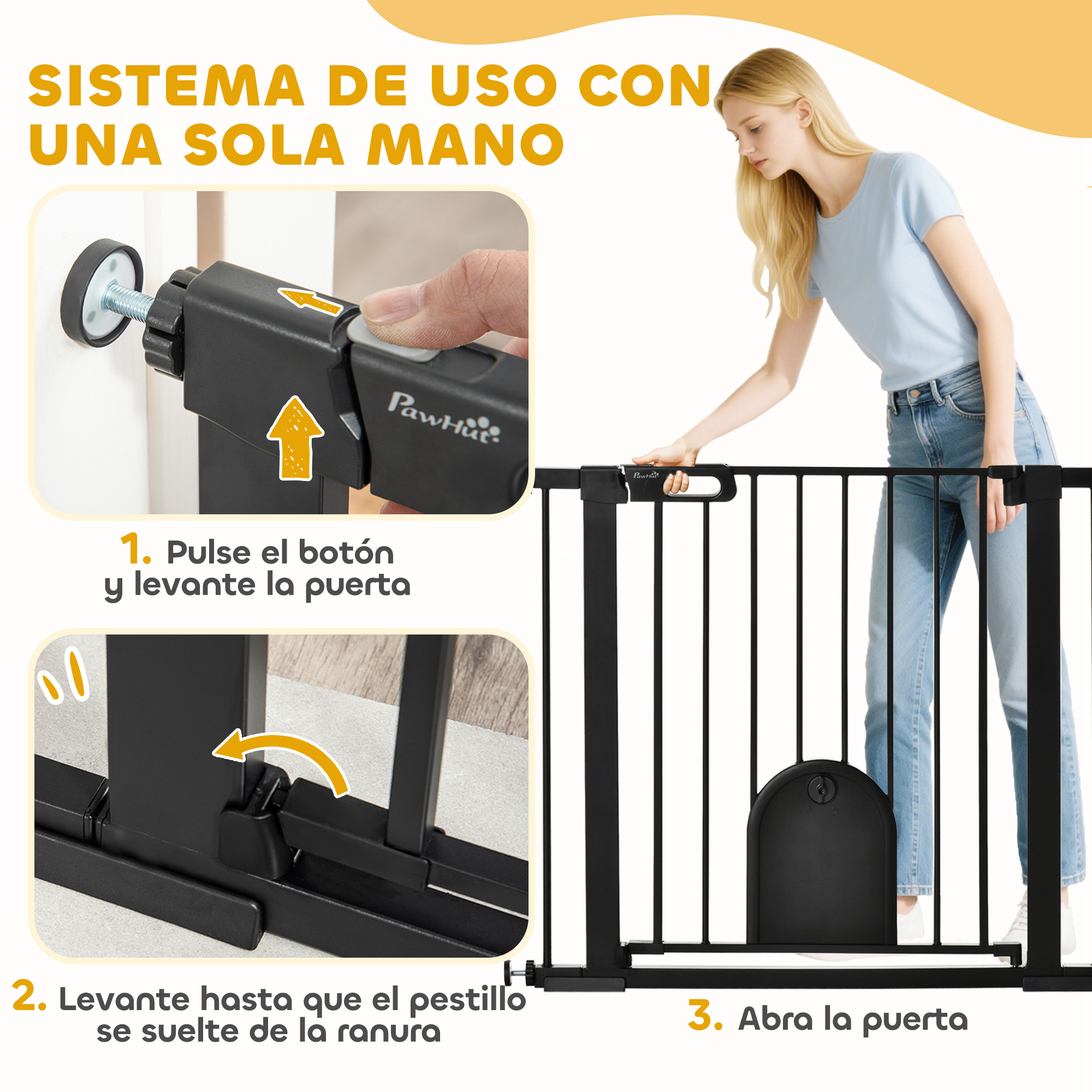 Una mujer abre una barrera de seguridad negra con una mano, asegurada por botones.