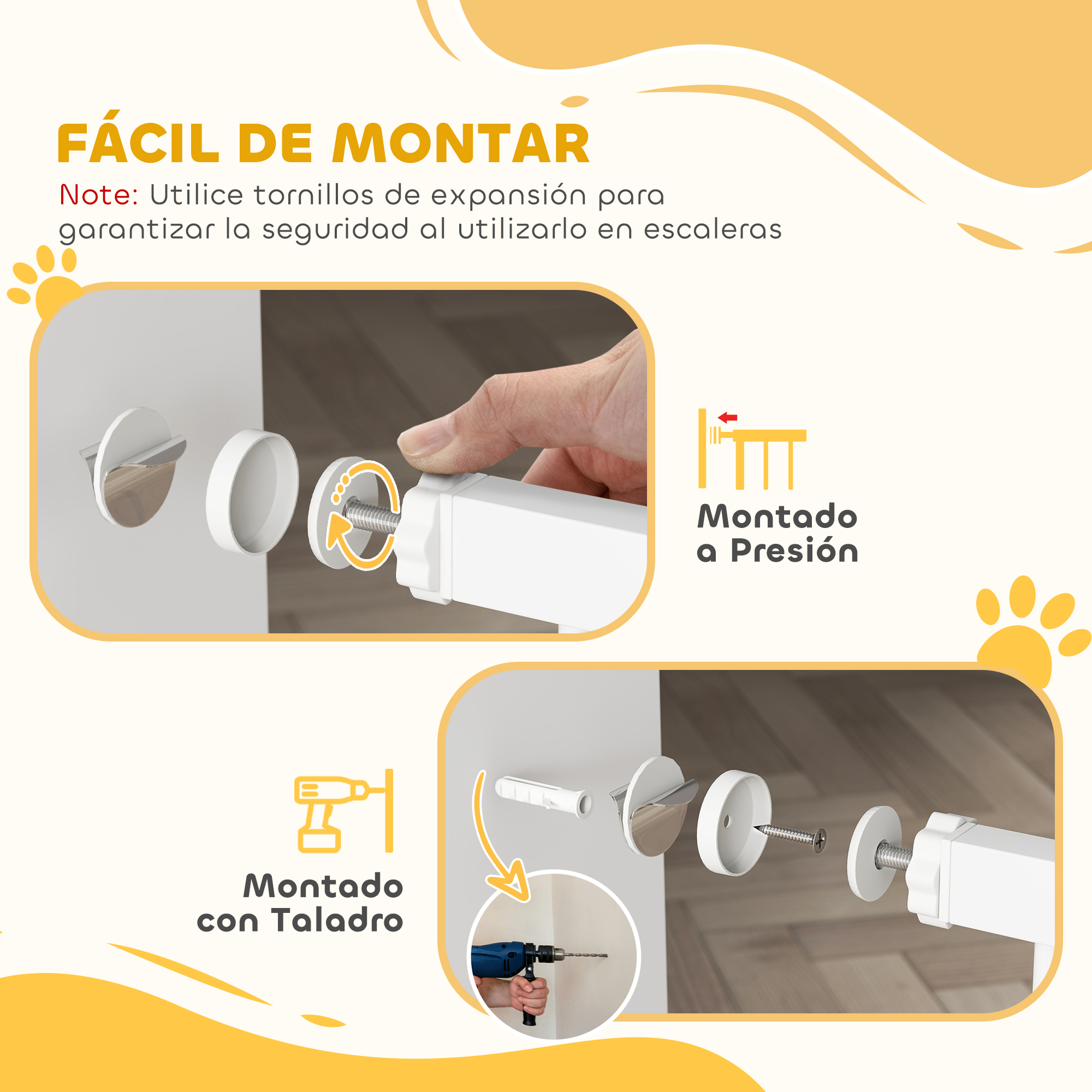 Fácil de montar: se muestran opciones de montaje a presión y con taladro.