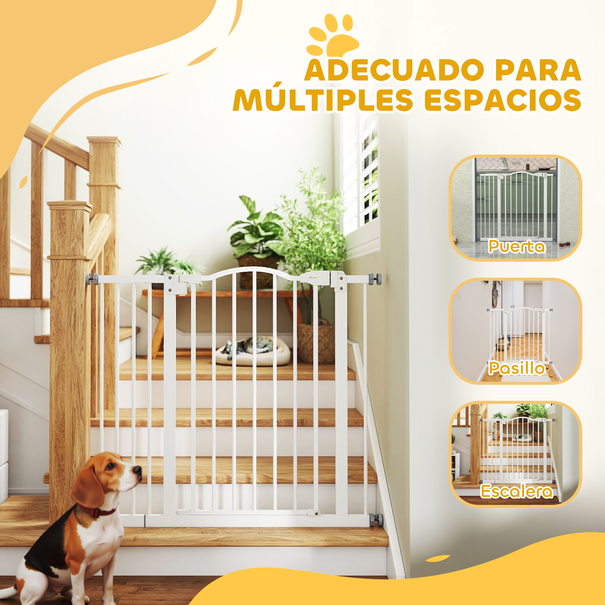 Un beagle se sienta ante una barrera blanca para escaleras. Varias escenas muestran la barrera en distintos entornos.