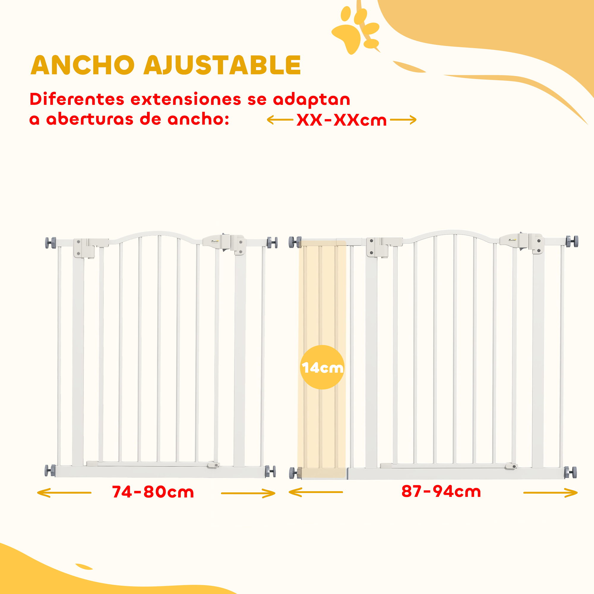 Puerta blanca ajustable mostrando opciones de 74-80cm y 87-94cm.