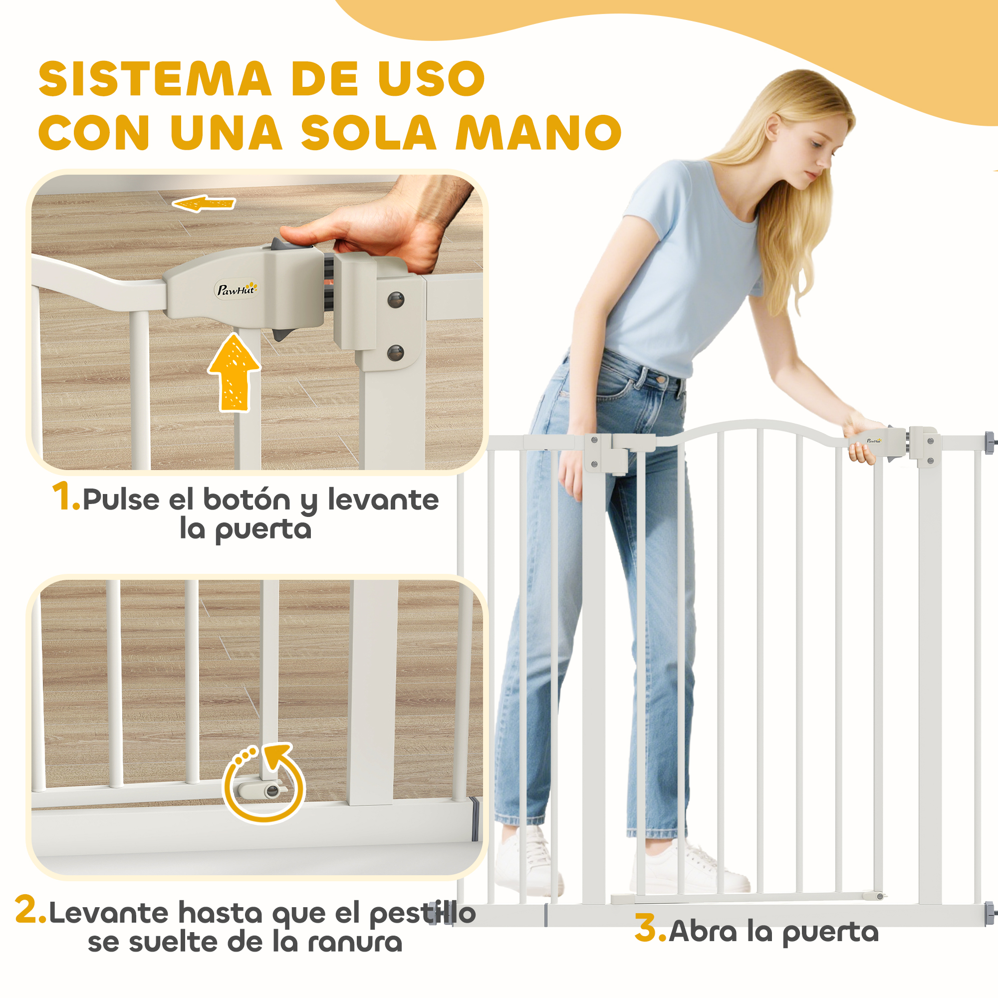 Una mujer abre una barrera blanca para bebés con una mano. Imágenes de instrucciones.