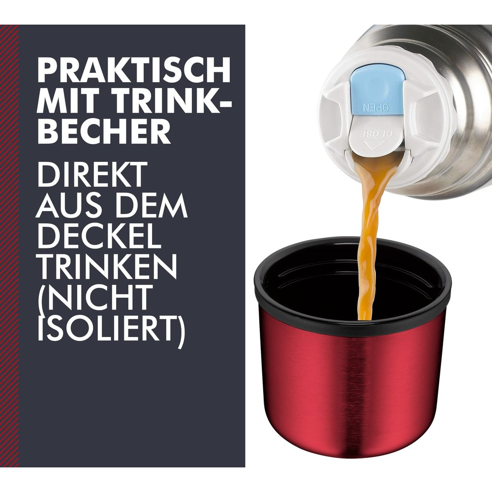 Flüssigkeit wird aus Thermoskanne in roten Becher gegossen.