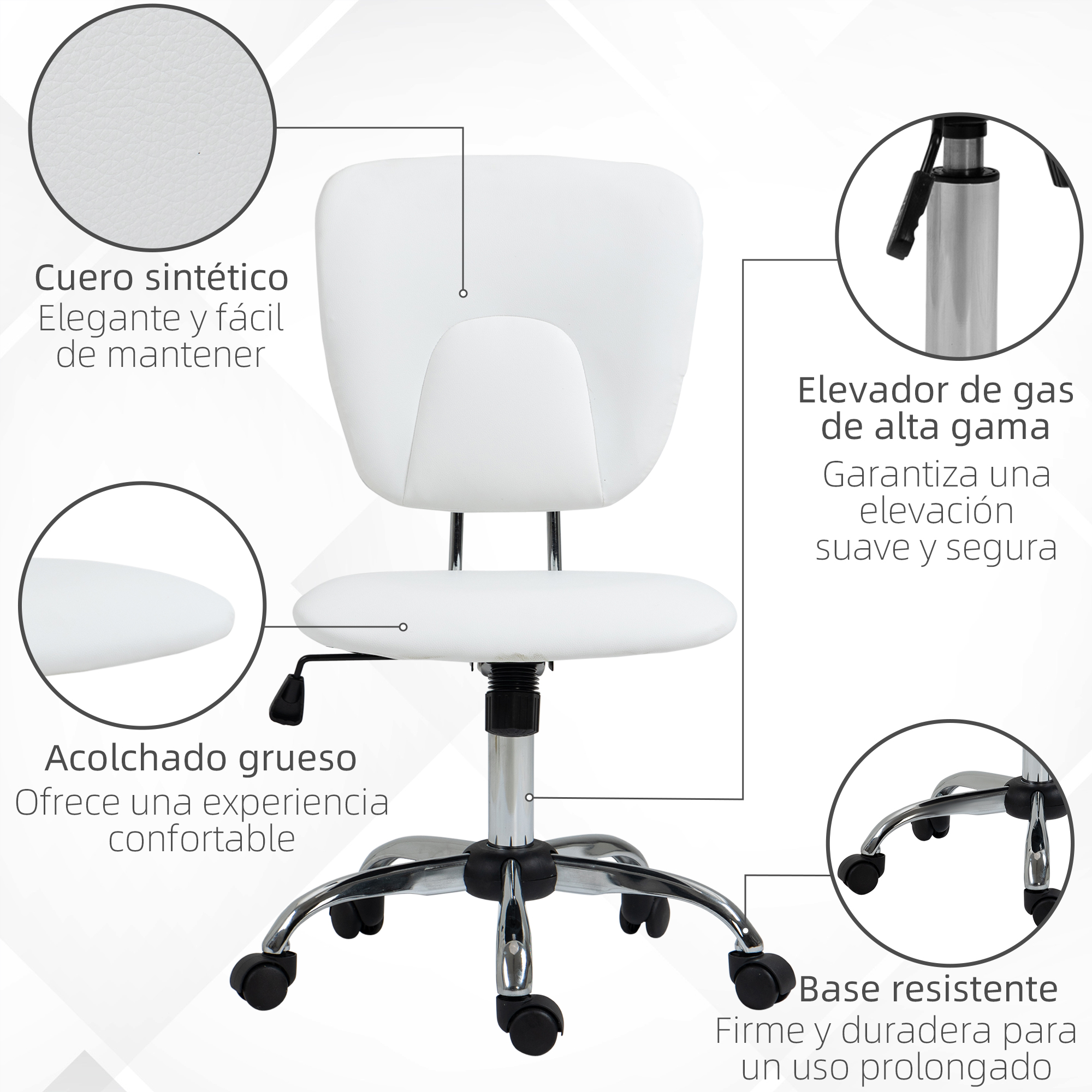 Silla de oficina blanca con ruedas y elevador de gas. Polipiel y acolchado grueso.