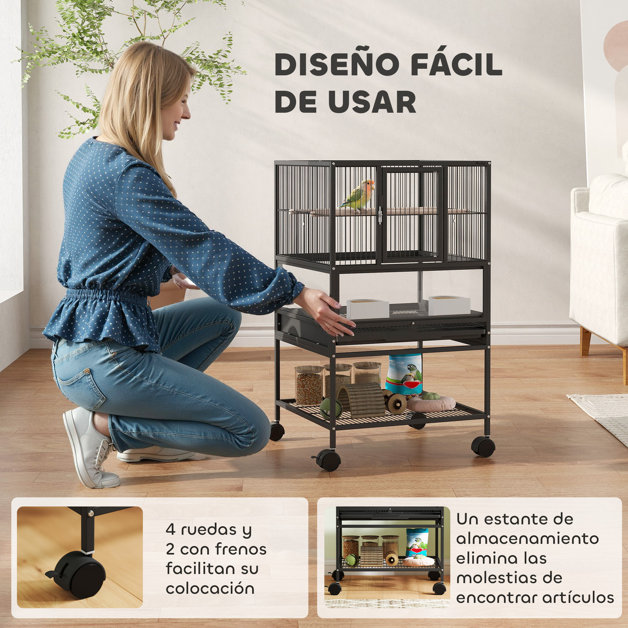 Una mujer se arrodilla junto a una jaula para pájaros con un pájaro dentro.