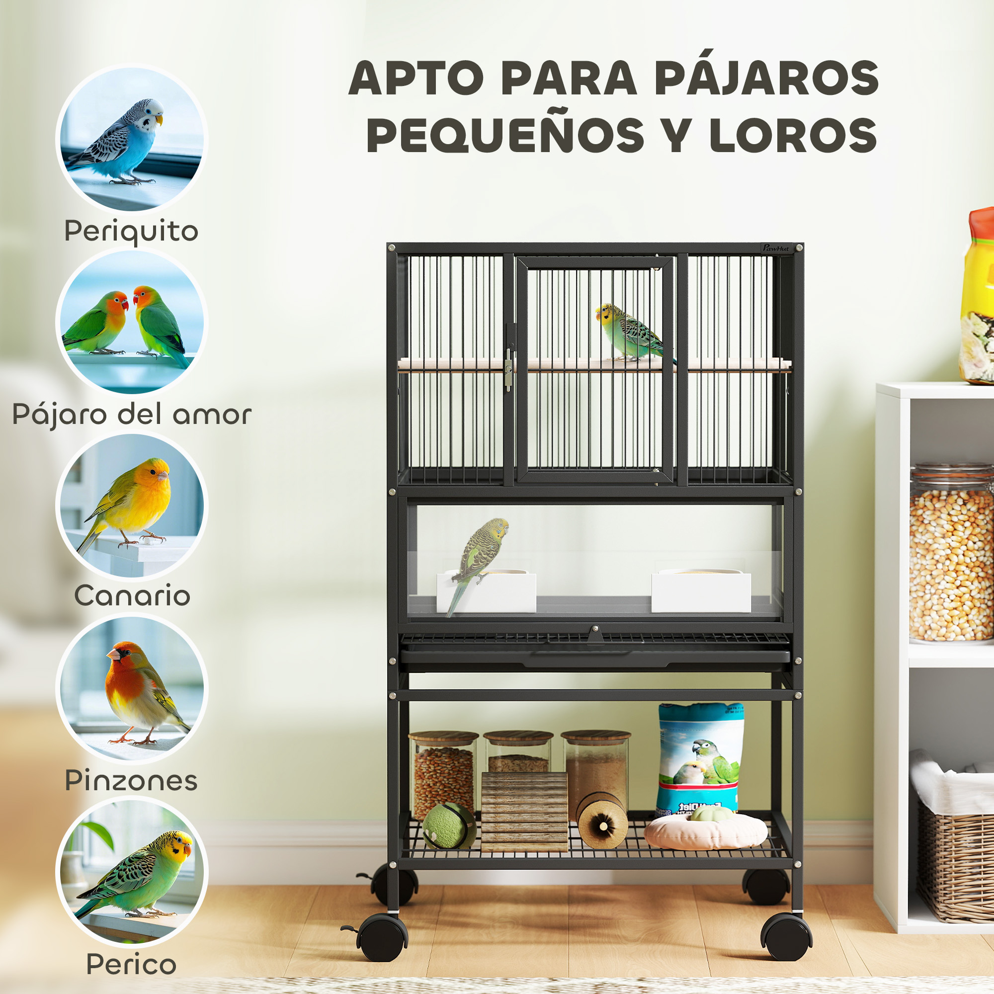 Una jaula negra para pájaros con ruedas, junto a estantes con comida y accesorios.