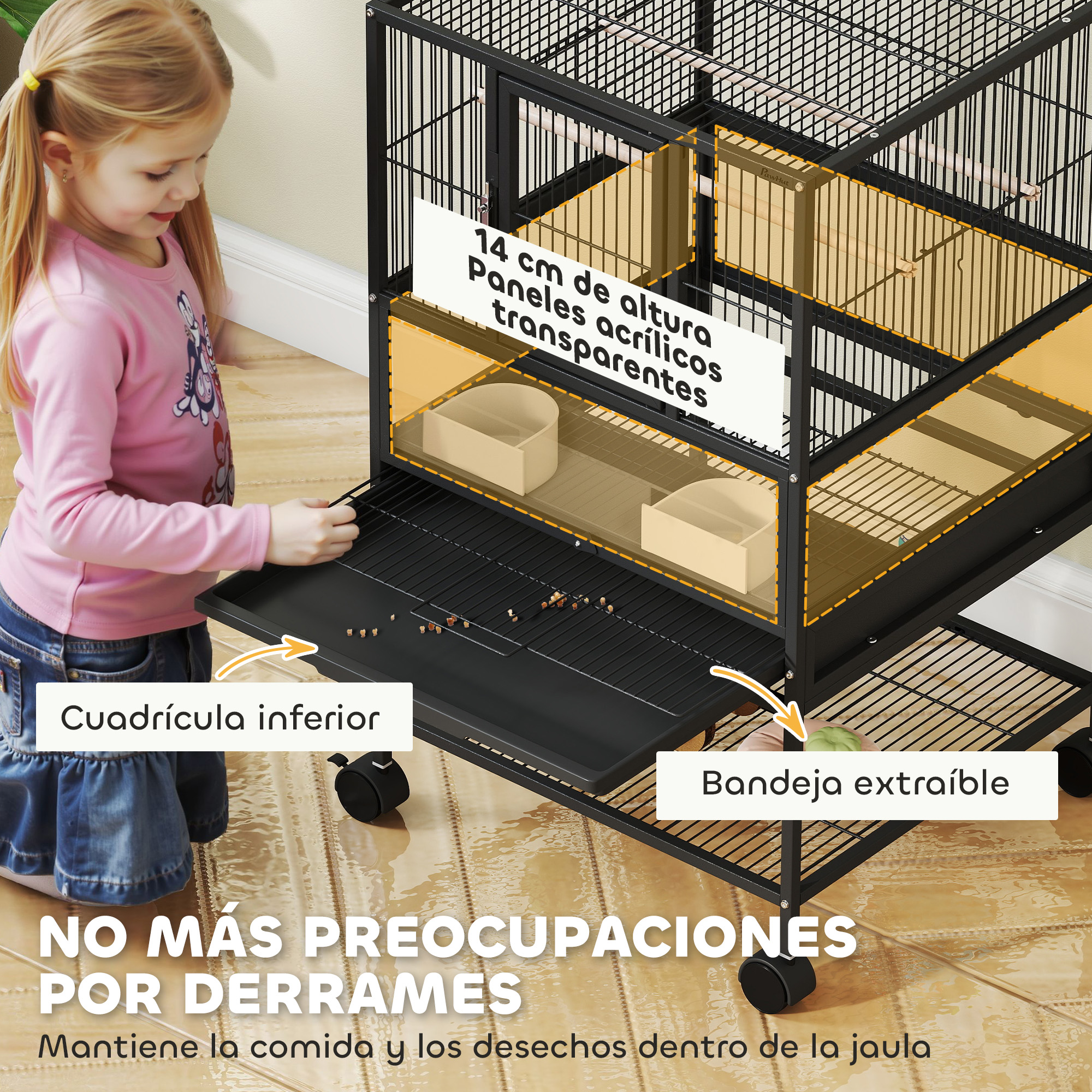 Una niña mira una jaula con paneles acrílicos transparentes y una bandeja extraíble.