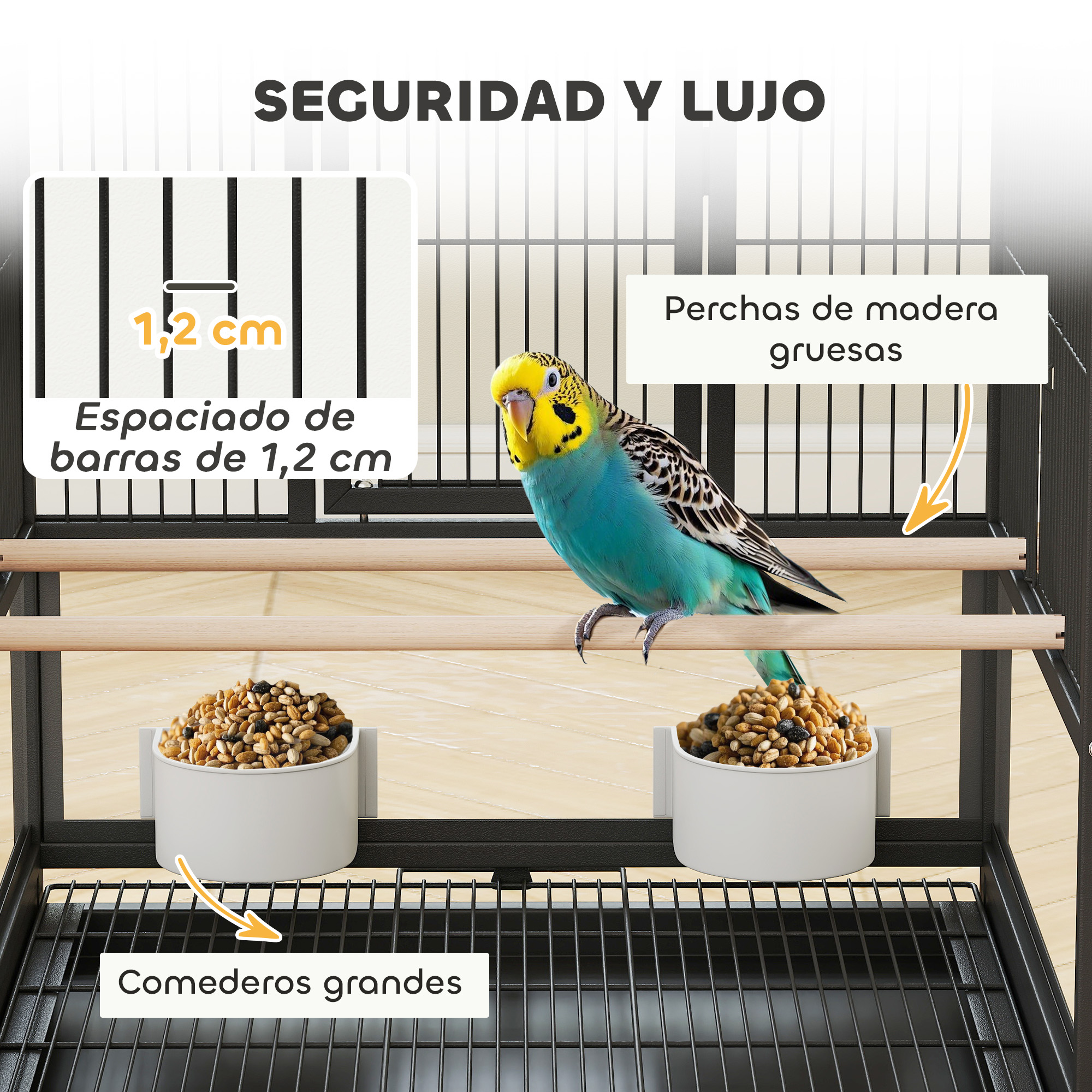 Un periquito se sienta en una percha de madera en una jaula con cuencos.
