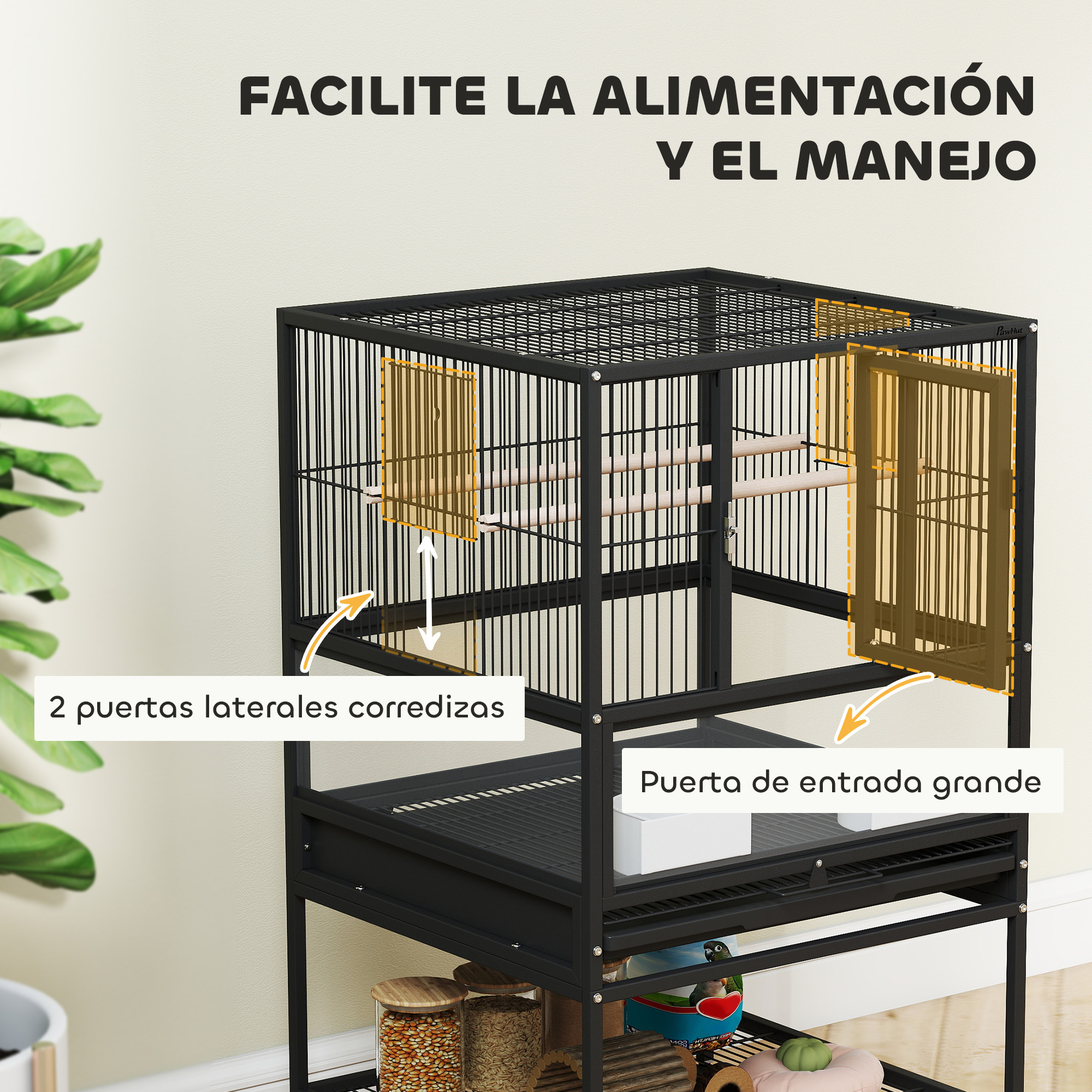 Una jaula negra con dos puertas correderas laterales y una puerta de entrada grande.