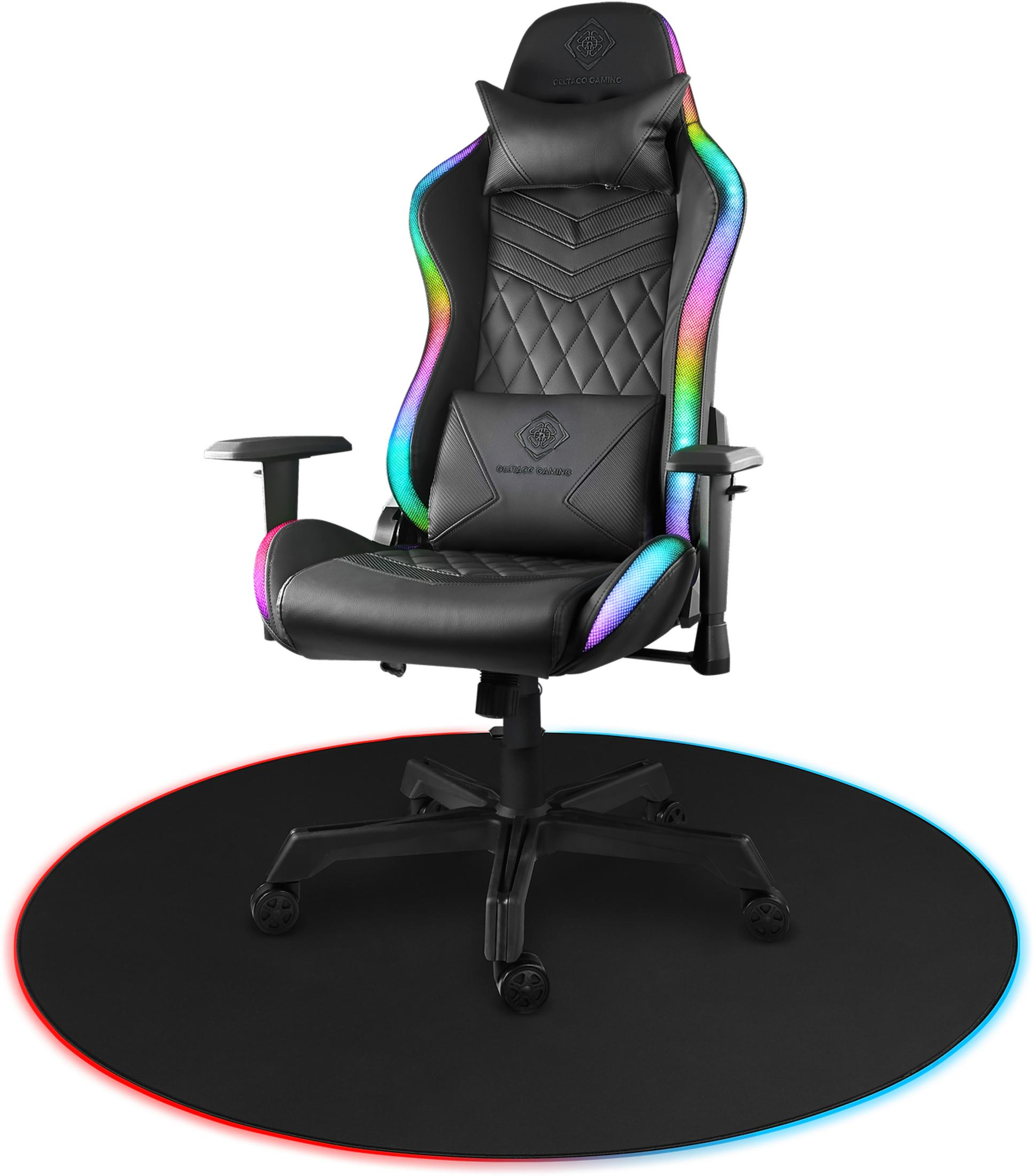 Black gaming chair with rainbow LEDs on a black mat with red and blue trim.