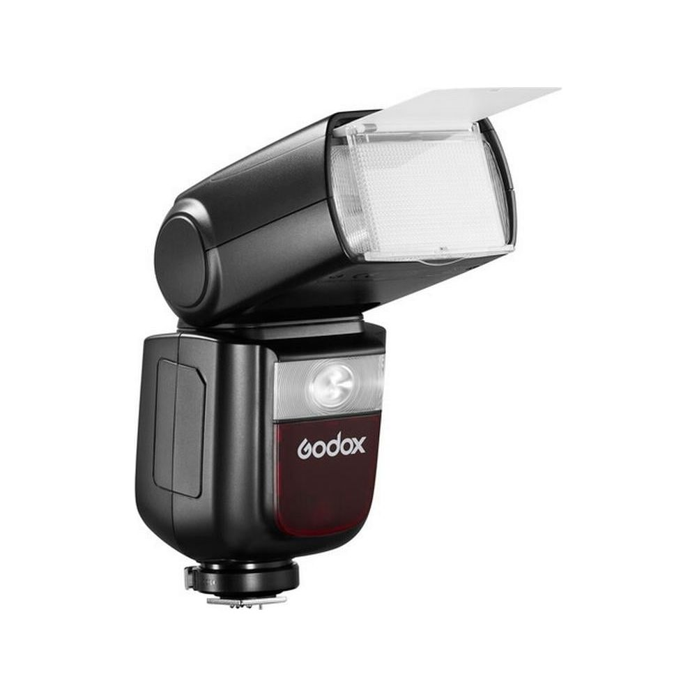 Czarny flesz Godox z białym panelem dyfuzyjnym, na białym tle.