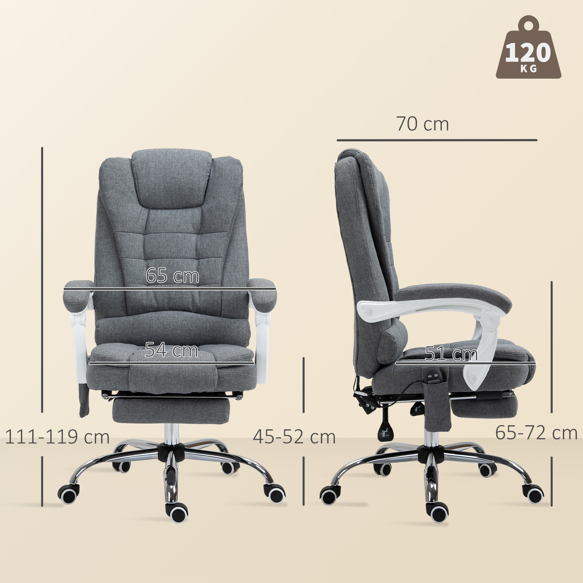 Silla de oficina gris con dimensiones y capacidad de 120 kg.