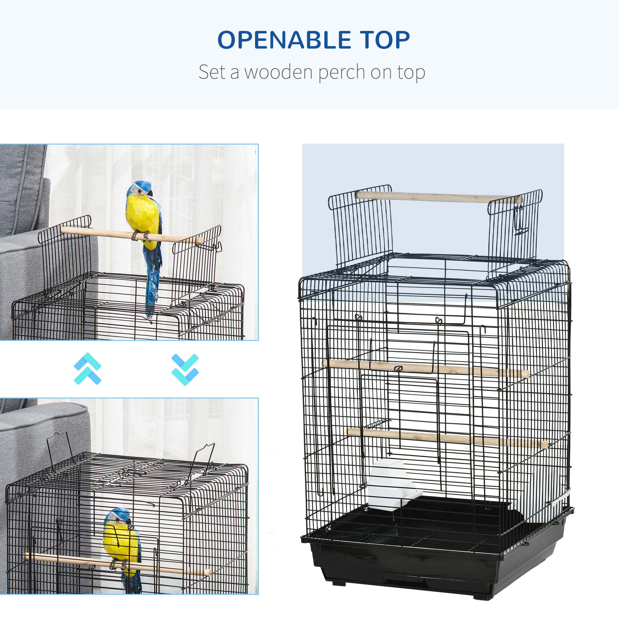 Una jaula negra para pájaros con una figura de loro azul y amarilla posada en una percha.