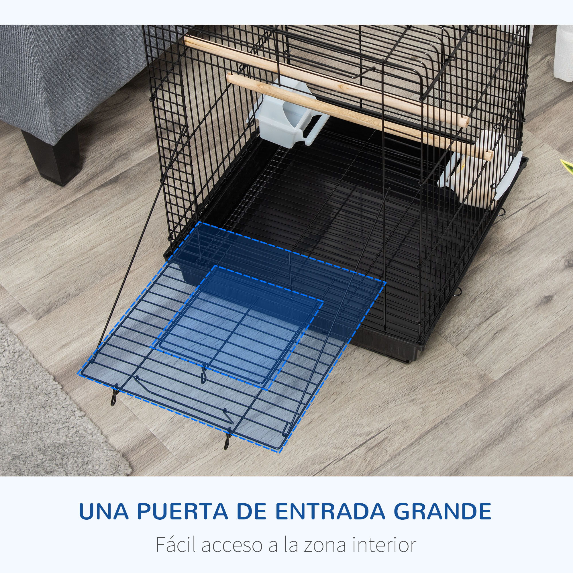 Una jaula de pájaros abierta con bandeja inferior extraíble y perchas.