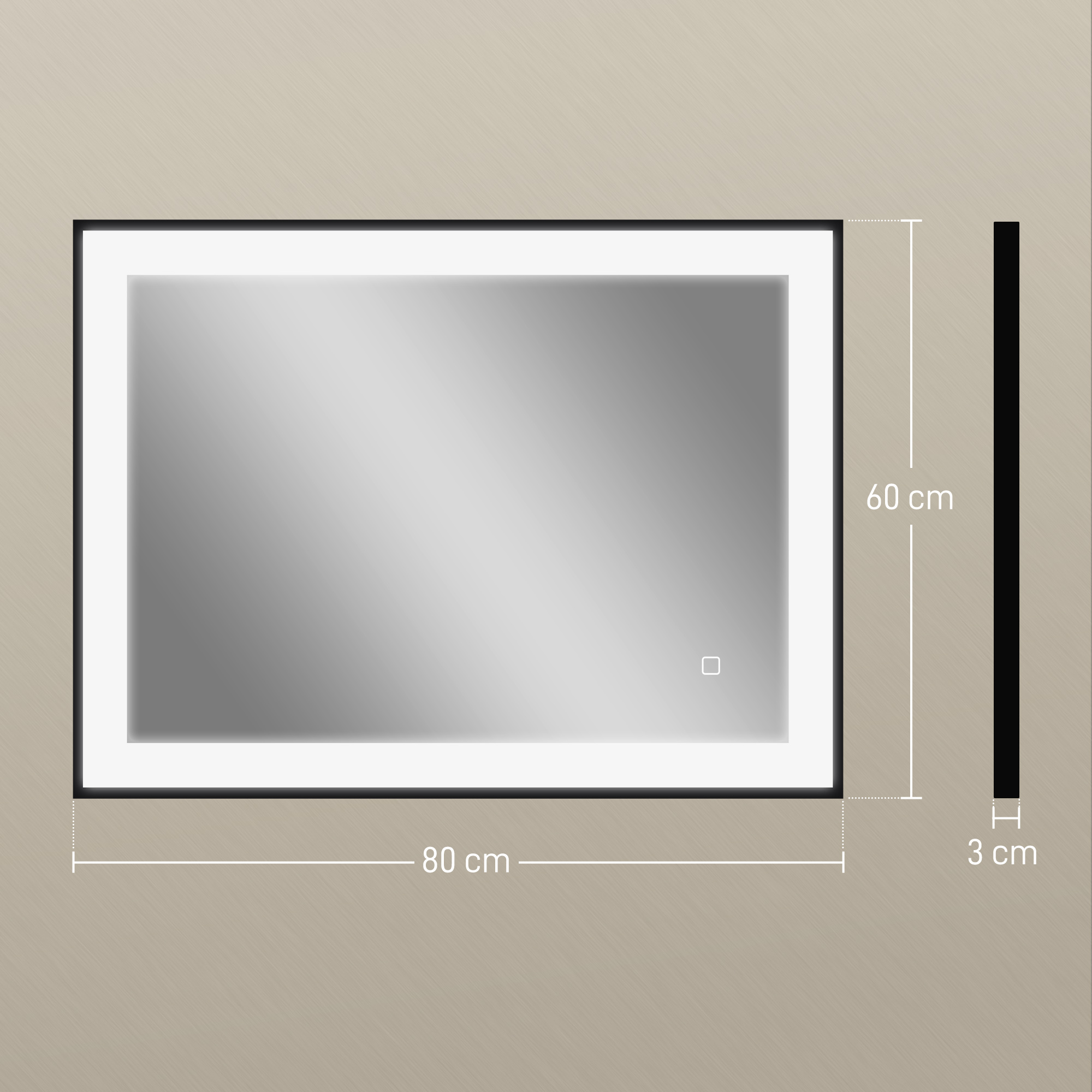 Un espejo rectangular retroiluminado, 80x60cm, con marco negro.