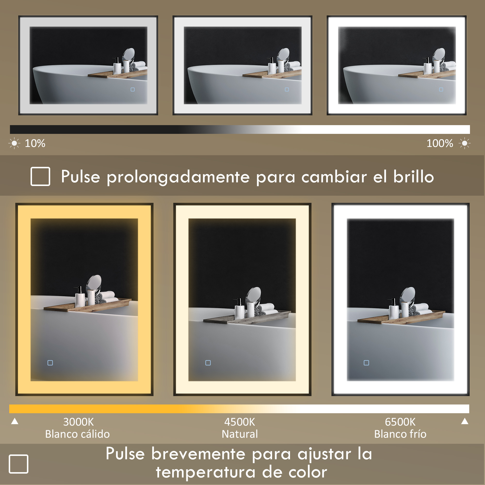 Espejo de baño que muestra ajustes de brillo y temperatura de color.