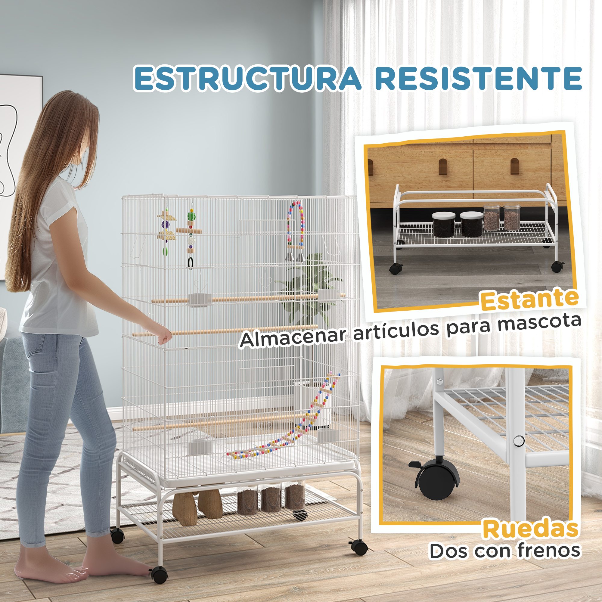 Una niña junto a una jaula blanca para pájaros con juguetes. Debajo hay un estante.