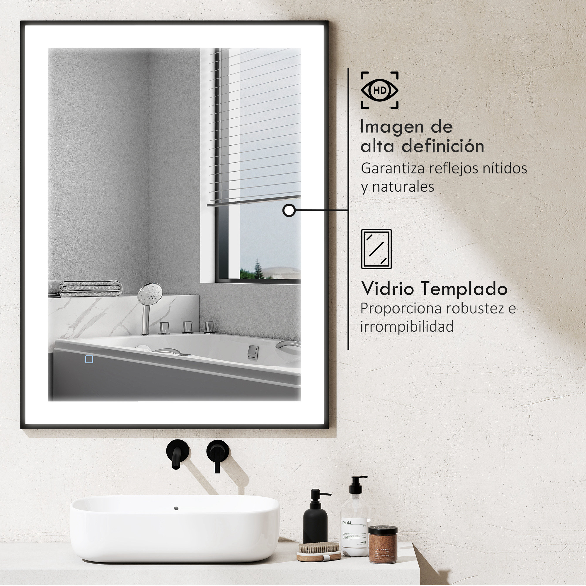 Un espejo iluminado sobre un lavabo con grifería y accesorios de baño.