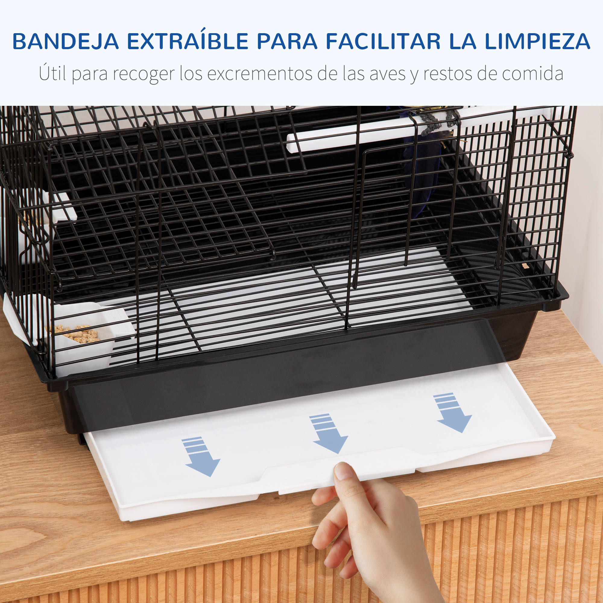 Una bandeja extraíble blanca con flechas azules debajo de una jaula negra.