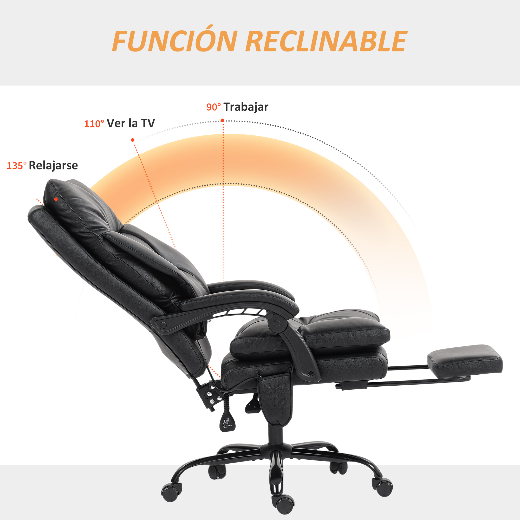 Silla de oficina negra con reposapiés extensible y respaldo ajustable.