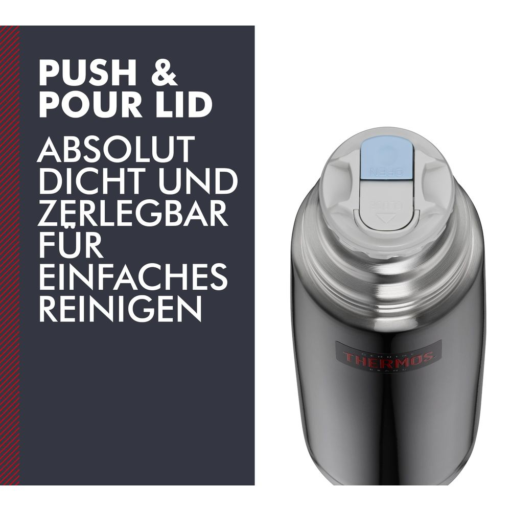 Thermosflasche mit Push & Pour Deckel, silberfarben, mit Text.