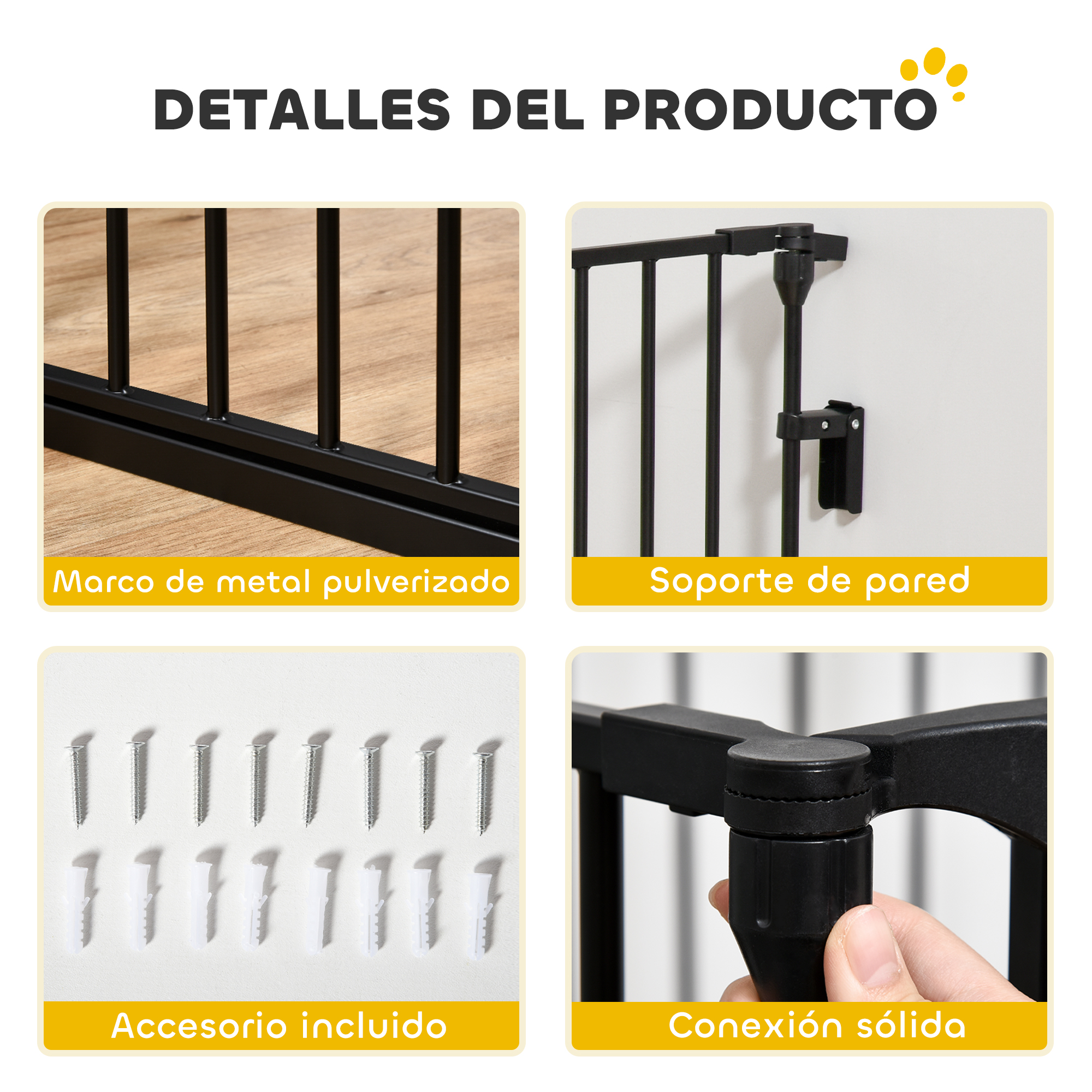 Imágenes muestran detalles de una reja de metal negra: marco, soporte pared, tornillos y conexión.