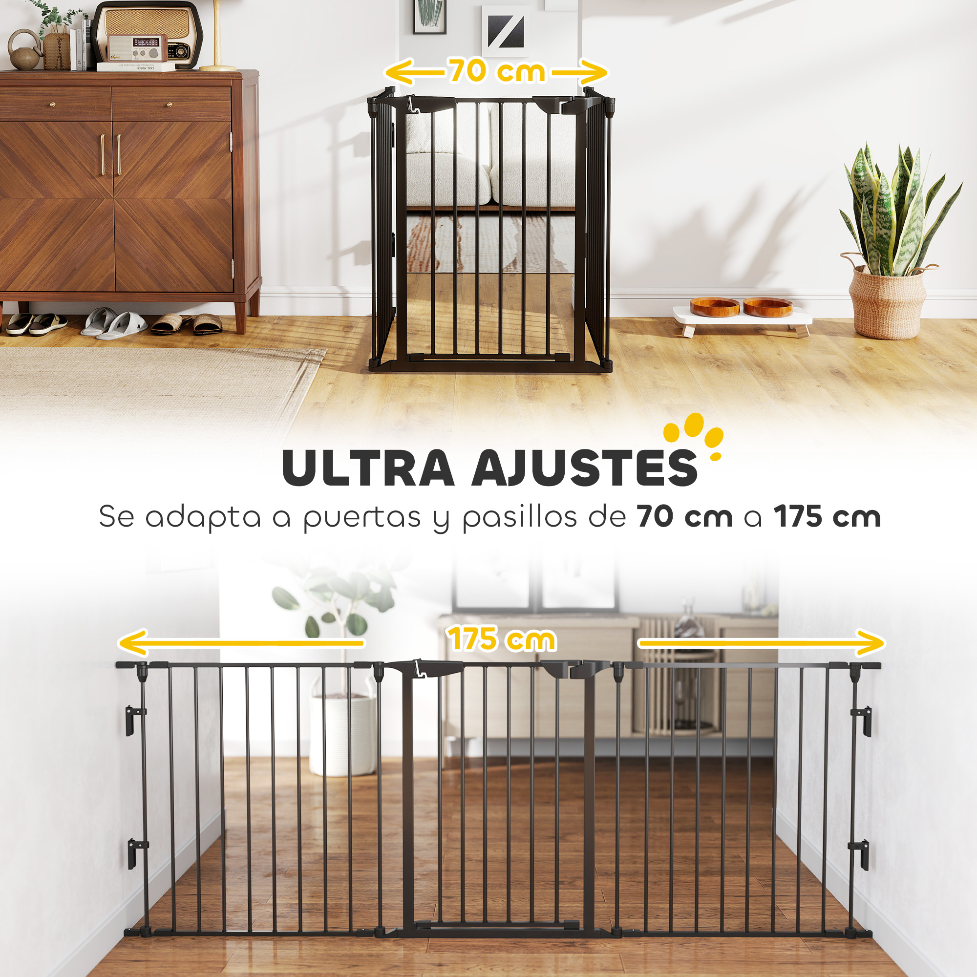 Se muestra una puerta de seguridad negra, adaptable a puertas y pasillos.